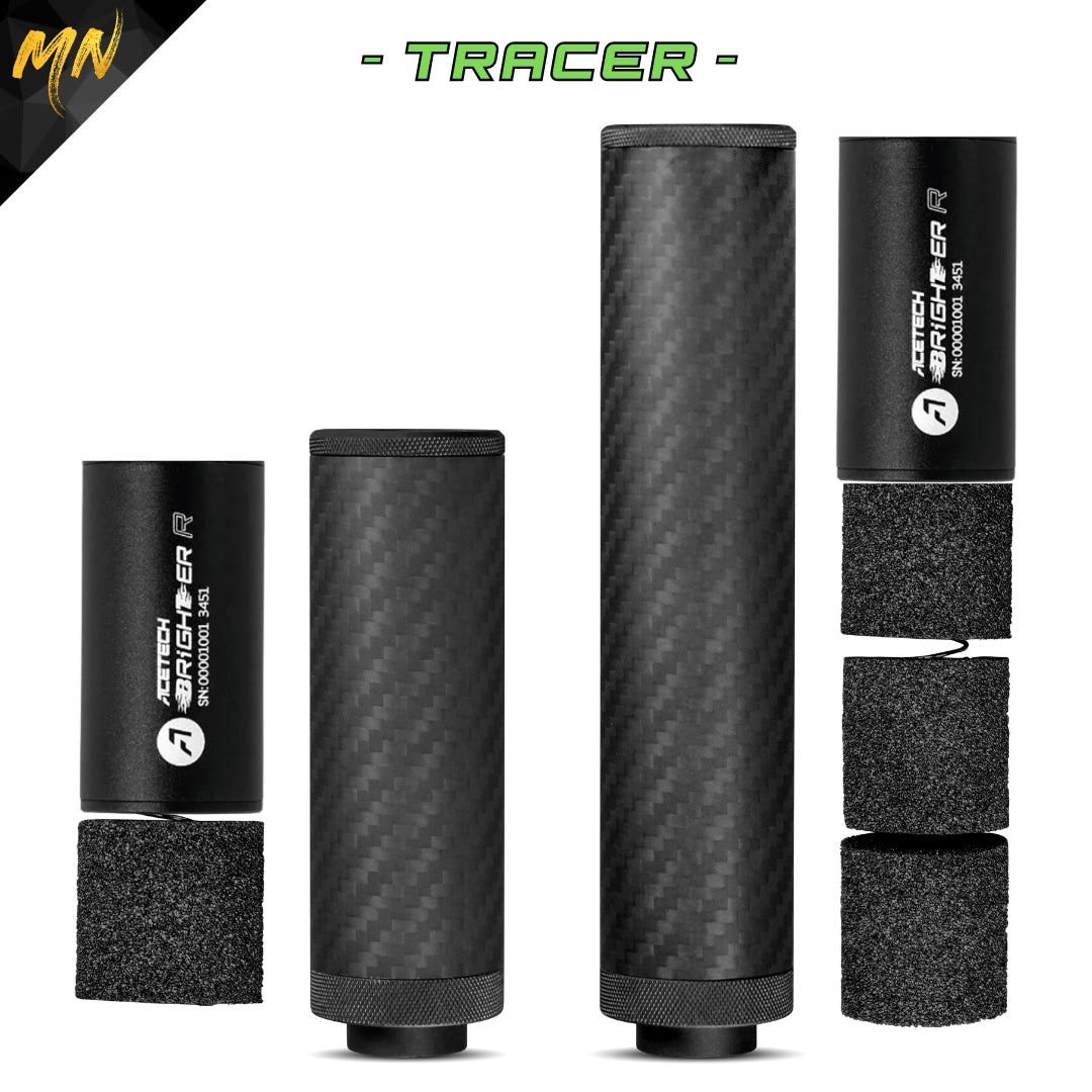 Minnesota Airsoft Gen 5 Phantom Carbon Fiber Airsoft Suppressor. This new upgraded carbon fiber airsoft suppressor, also known as an airsoft silencer, features real matte black carbon fiber, Forged Carbon Fiber, CNC T6 6061 aluminum, and acoustic-grade foam pre-installed. With red & black front end caps, a must-have for airsoft guns, offering improved sound reduction and making it the best upgrade for your airsoft gun in 2024! With Acetech tracer unit