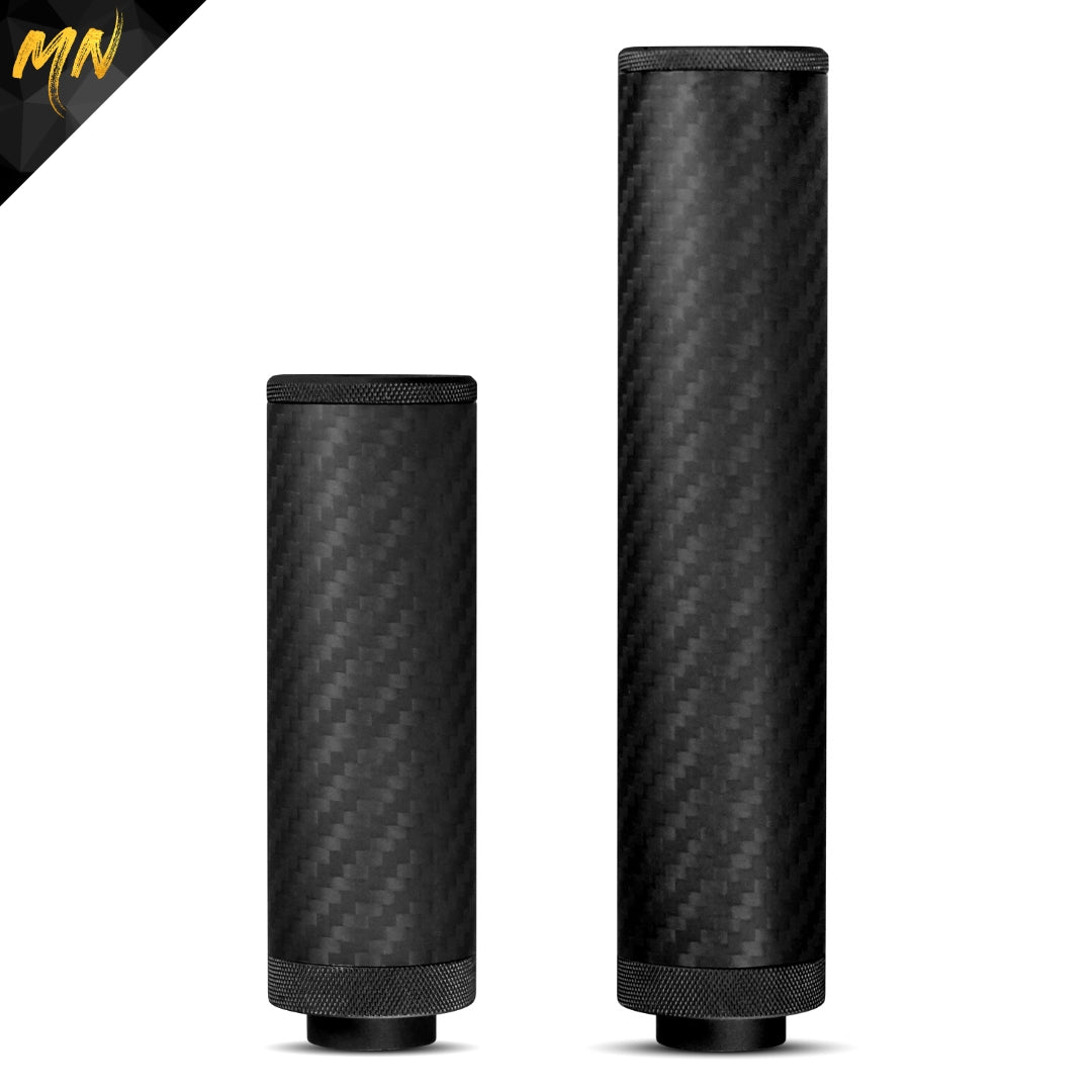 Minnesota Airsoft Gen 5 Phantom Carbon Fiber Airsoft Suppressor. This new upgraded carbon fiber airsoft suppressor, also known as an airsoft silencer, features real matte black carbon fiber, Forged Carbon Fiber, CNC T6 6061 aluminum, and acoustic-grade foam pre-installed. With red & black front end caps, a must-have for airsoft guns, offering improved sound reduction and making it the best upgrade for your airsoft gun in 2024!