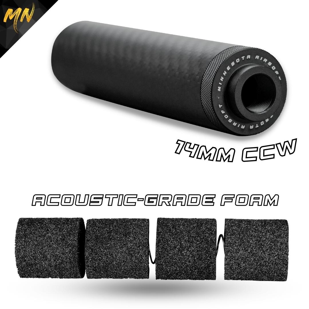 Minnesota Airsoft Gen 5 Phantom Carbon Fiber Airsoft Suppressor. This new upgraded carbon fiber airsoft suppressor, also known as an airsoft silencer, features real matte black carbon fiber, Forged Carbon Fiber, CNC T6 6061 aluminum, and acoustic-grade foam pre-installed. With red & black front end caps, a must-have for airsoft guns, offering improved sound reduction and making it the best upgrade for your airsoft gun in 2024! 14mm CCW Threads and Foam