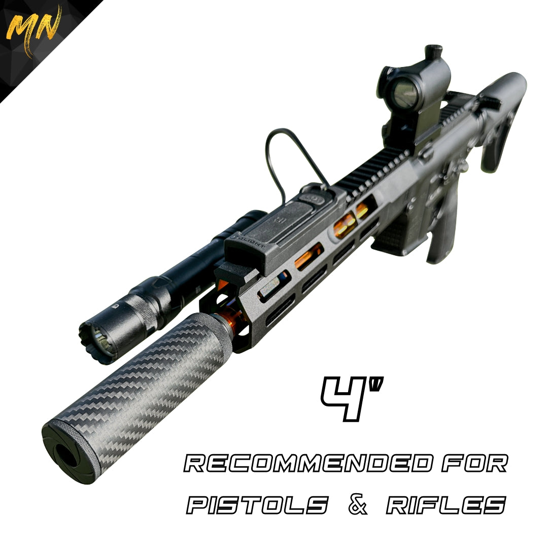 Minnesota Airsoft Gen 5 Phantom Carbon Fiber Airsoft Suppressor. This new upgraded carbon fiber airsoft suppressor, also known as an airsoft silencer, features real matte black carbon fiber, Forged Carbon Fiber, CNC T6 6061 aluminum, and acoustic-grade foam pre-installed. With red & black front end caps, a must-have for airsoft guns, offering improved sound reduction and making it the best upgrade for your airsoft gun in 2024! 4 inch on CQB rifle
