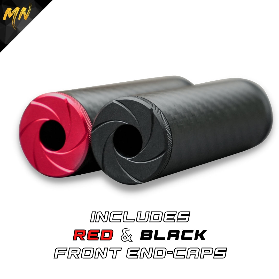 Minnesota Airsoft Gen 5 Phantom Carbon Fiber Airsoft Suppressor. This new upgraded carbon fiber airsoft suppressor, also known as an airsoft silencer, features real matte black carbon fiber, Forged Carbon Fiber, CNC T6 6061 aluminum, and acoustic-grade foam pre-installed. With red & black front end caps, a must-have for airsoft guns, offering improved sound reduction and making it the best upgrade for your airsoft gun in 2024! End Caps