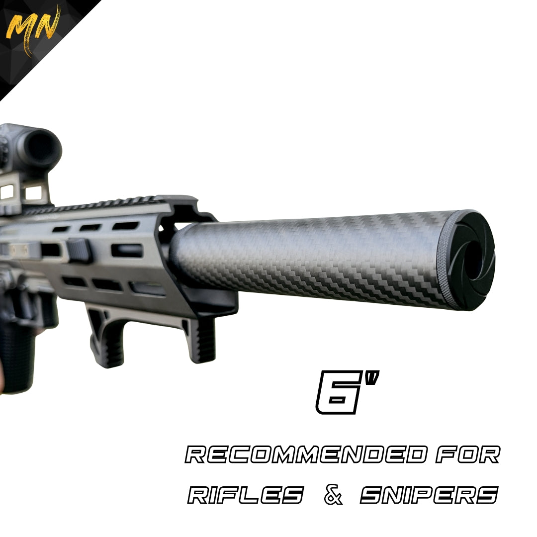 Minnesota Airsoft Gen 5 Phantom Carbon Fiber Airsoft Suppressor. This new upgraded carbon fiber airsoft suppressor, also known as an airsoft silencer, features real matte black carbon fiber, Forged Carbon Fiber, CNC T6 6061 aluminum, and acoustic-grade foam pre-installed. With red & black front end caps, a must-have for airsoft guns, offering improved sound reduction and making it the best upgrade for your airsoft gun in 2024! 6 inch version for long range
