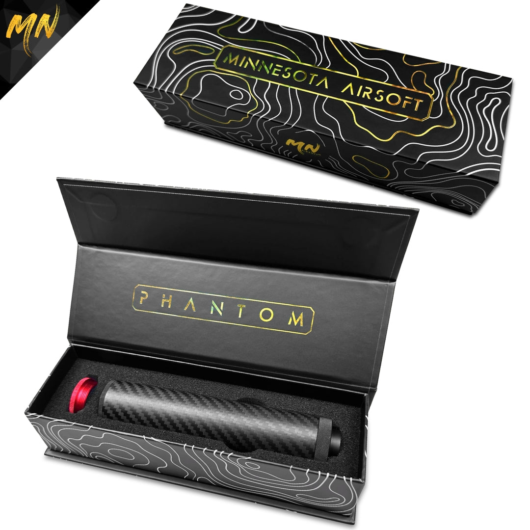Minnesota Airsoft Gen 5 Phantom Carbon Fiber Airsoft Suppressor. This new upgraded carbon fiber airsoft suppressor, also known as an airsoft silencer, features real matte black carbon fiber, Forged Carbon Fiber, CNC T6 6061 aluminum, and acoustic-grade foam pre-installed. With red & black front end caps, a must-have for airsoft guns, offering improved sound reduction and making it the best upgrade for your airsoft gun in 2024! premium packaging.