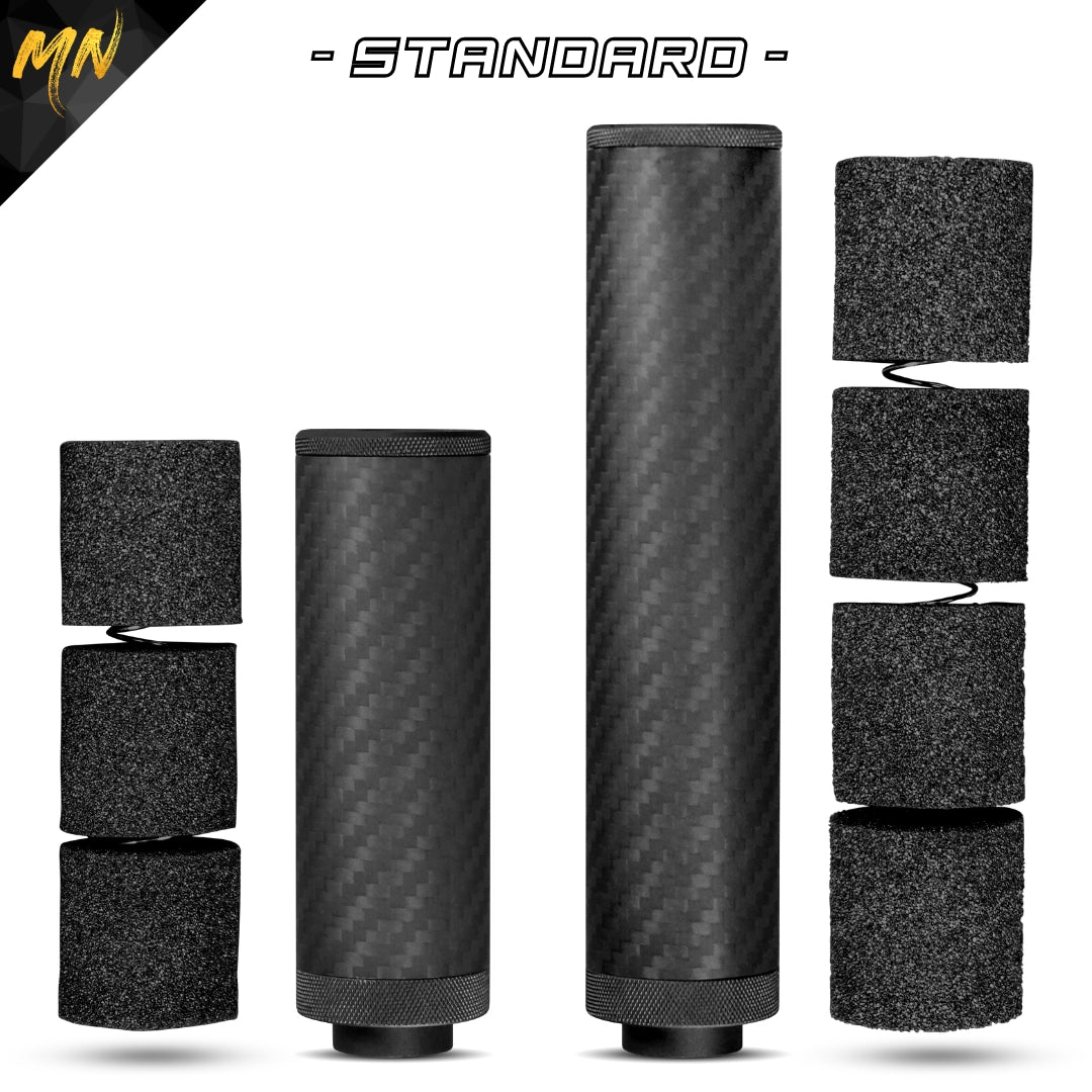 Minnesota Airsoft Gen 5 Phantom Carbon Fiber Airsoft Suppressor. This new upgraded carbon fiber airsoft suppressor, also known as an airsoft silencer, features real matte black carbon fiber, Forged Carbon Fiber, CNC T6 6061 aluminum, and acoustic-grade foam pre-installed. With red & black front end caps, a must-have for airsoft guns, offering improved sound reduction and making it the best upgrade for your airsoft gun in 2024! Standard Foam version