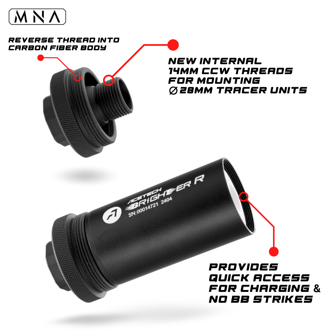 Forged carbon fiber Gen 6 Phantom mock suppressor for airsoft rifles and pistols, compatible with Acetech tracer units and 14mm CCW airsoft threads. Minnesota Airsoft phantom suppressor.