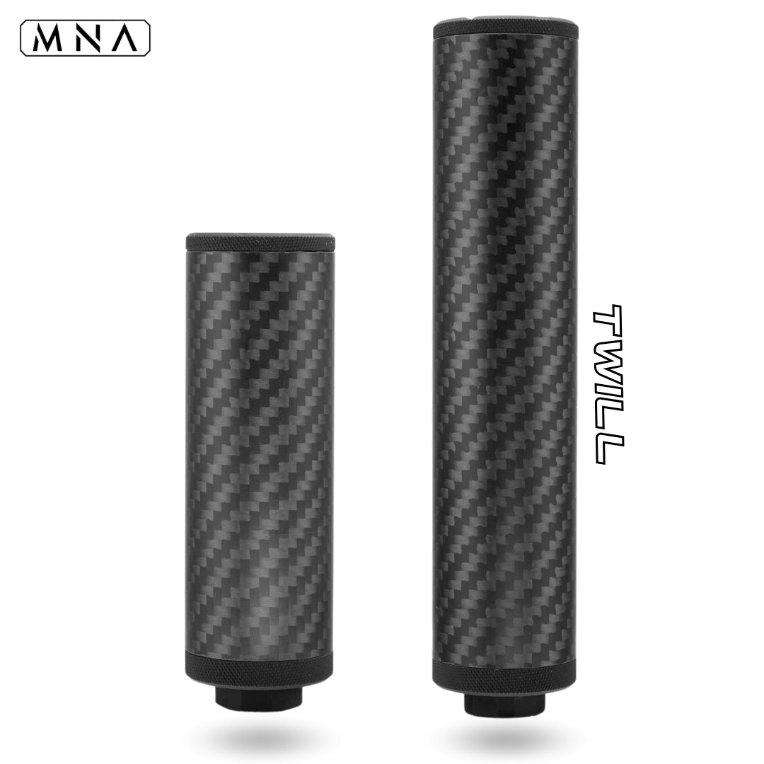 Gen 6 Phantom forged carbon fiber airsoft suppressor with Acetech tracer unit compatibility, lightweight mock silencer for Hi-Capa, M4, and airsoft rifles. twill carbon fiber MNA Gen 6 Phantom.