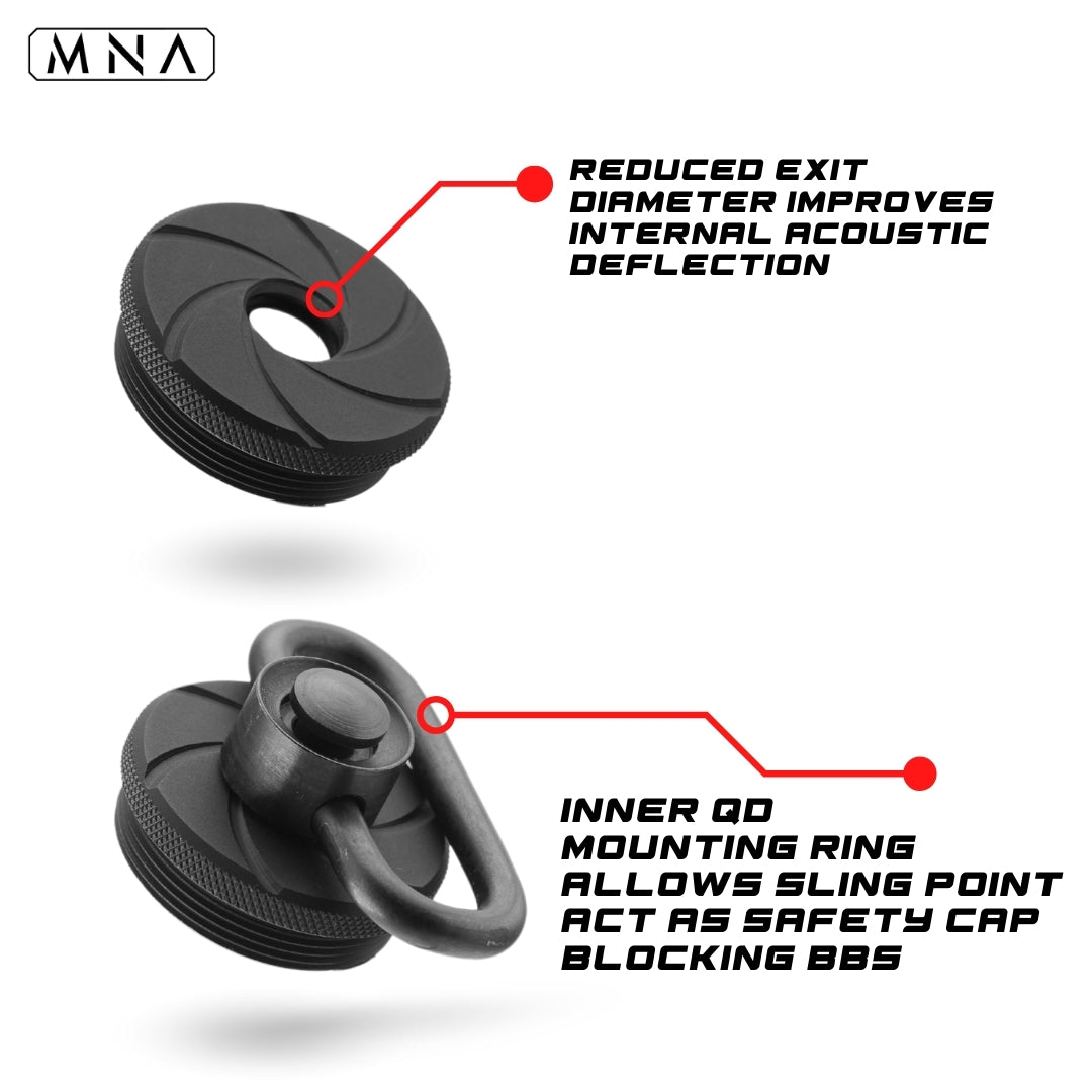 Carbon fiber airsoft silencer Gen 6 Phantom, tracer-compatible suppressor for airsoft Hi-Capa, GBB, and AEG platforms, tactical accessory upgrade. QD sling point for airsoft guns.