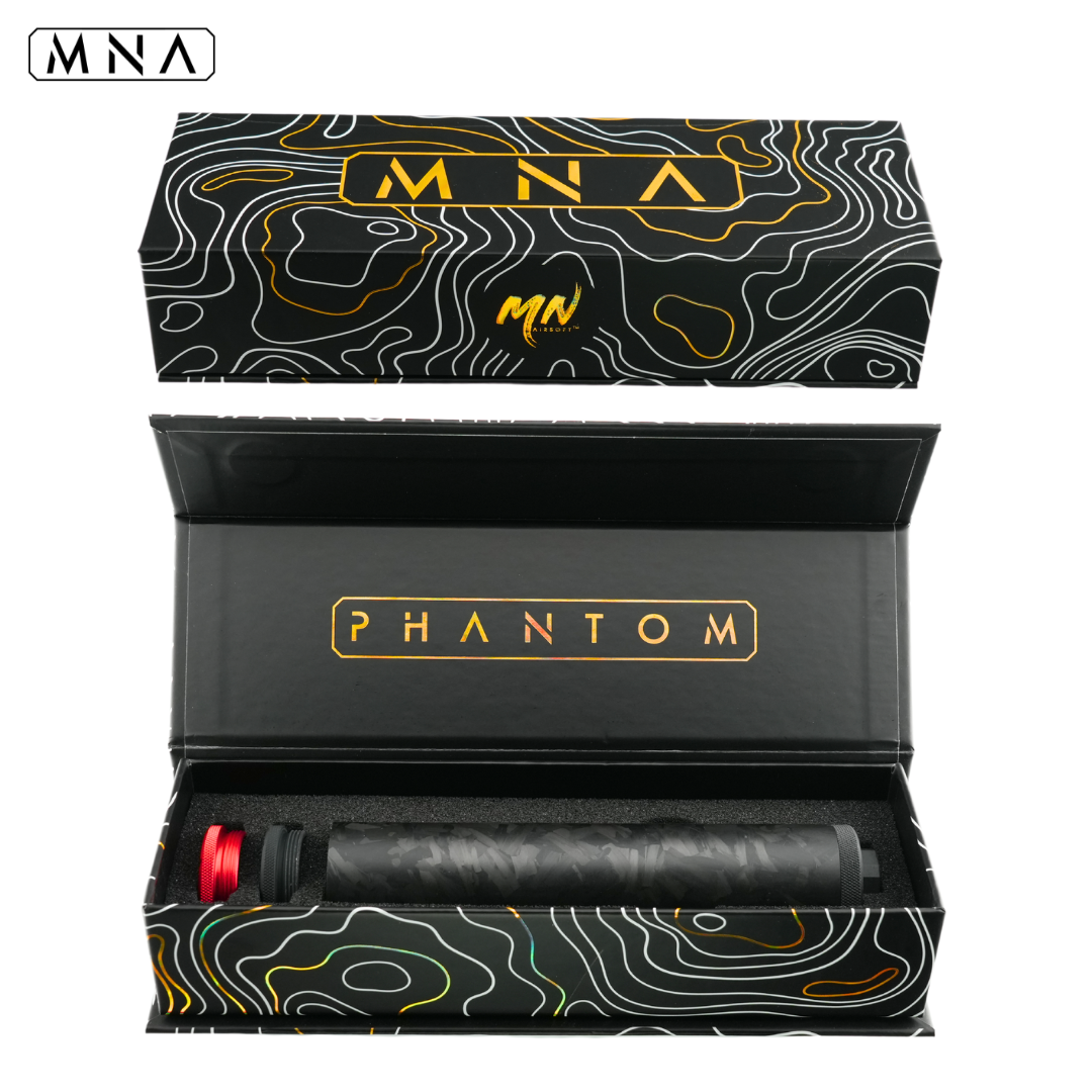 Gen 6 Phantom mock suppressor for airsoft guns – Genuine carbon fiber body with luxury magnetic packaging box. Gold carbon fiber airsoft suppressor.