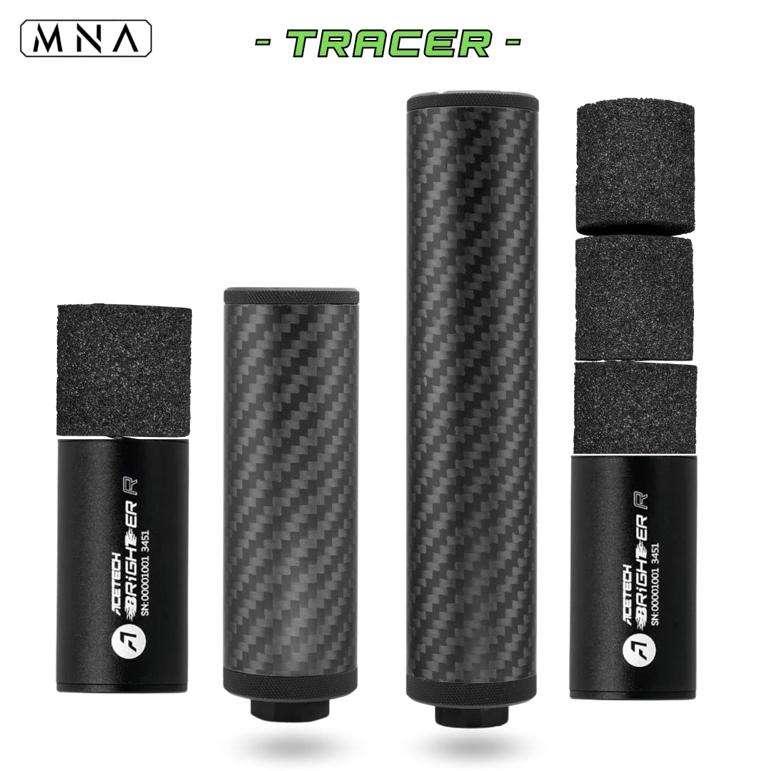 Tactical Gen 6 Phantom mock suppressor for airsoft guns – Genuine carbon fiber body with Acetech Brighter R tracer unit and foam set.