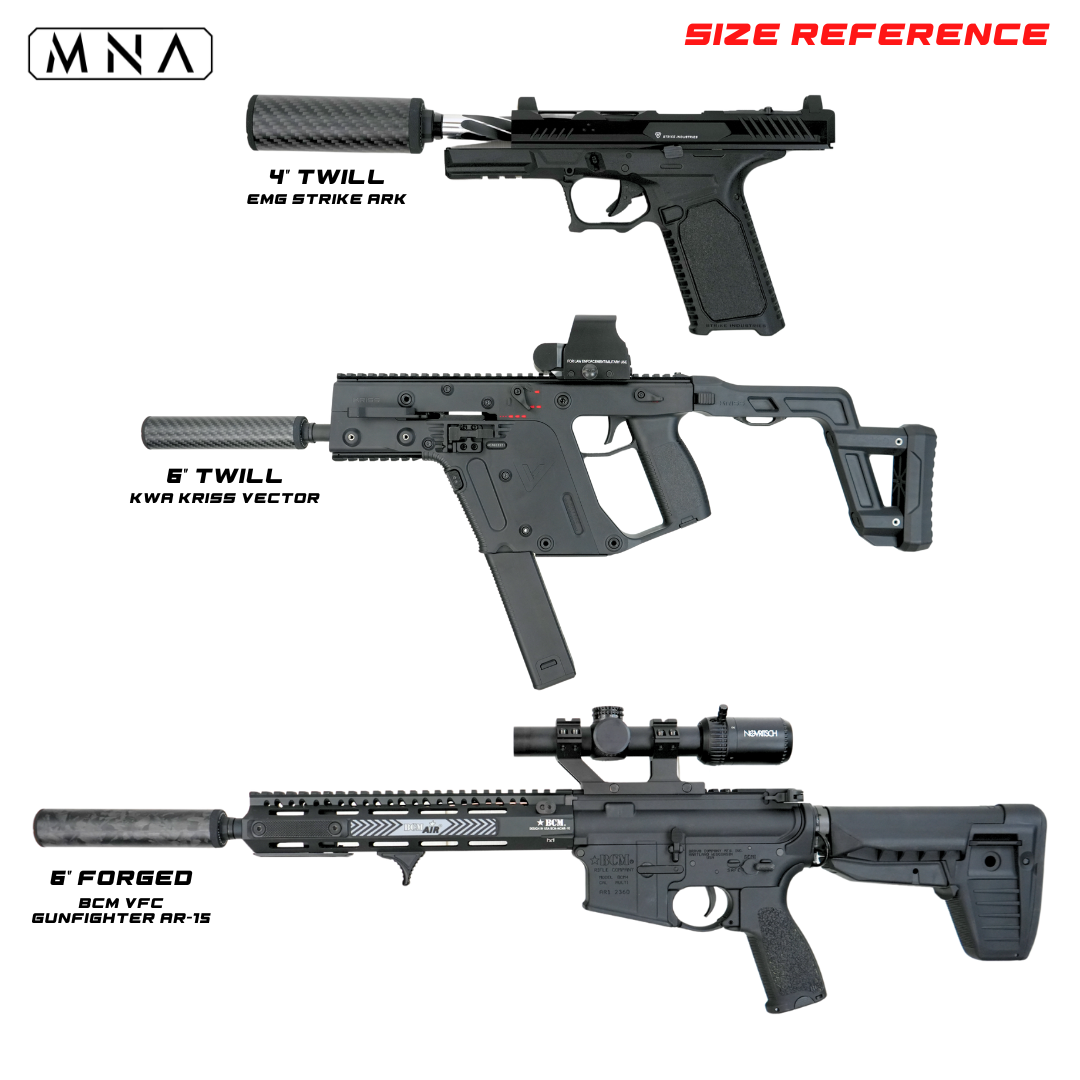 MNA Gen 6 Phantom airsoft suppressor for airsoft guns. Pistol, Kriss Vector, and BCM AR-15 AEG comparison. Forged and twill carbon fiber irsoft mock suppressors for Gen 6 Phantom.
