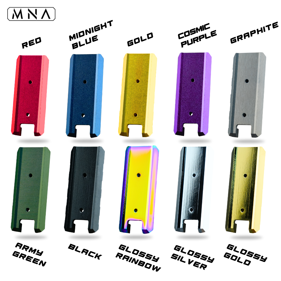 Hi Capa 5.1 Bottom Rail for tokyo marui gas blowback airsoft pistol. Custom upgrade hi capa part front bottom frame rail for hi capa made by MNA. Red, Blue, Gold, Purple, Grey, green, black, rainbow, and glossy gold and chrome colors available. Back image.