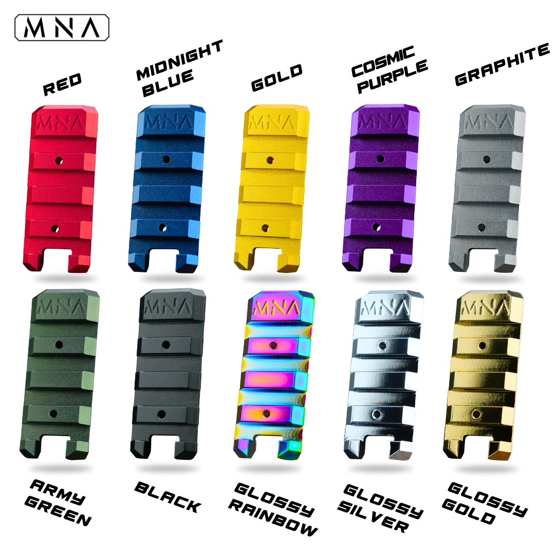 Hi Capa 5.1 Bottom Rail for tokyo marui gas blowback airsoft pistol. Custom upgrade hi capa part front bottom frame rail for hi capa made by MNA. Red, Blue, Gold, Purple, Grey, green, black, rainbow, and glossy gold and chrome colors available. Front Picatinny side.