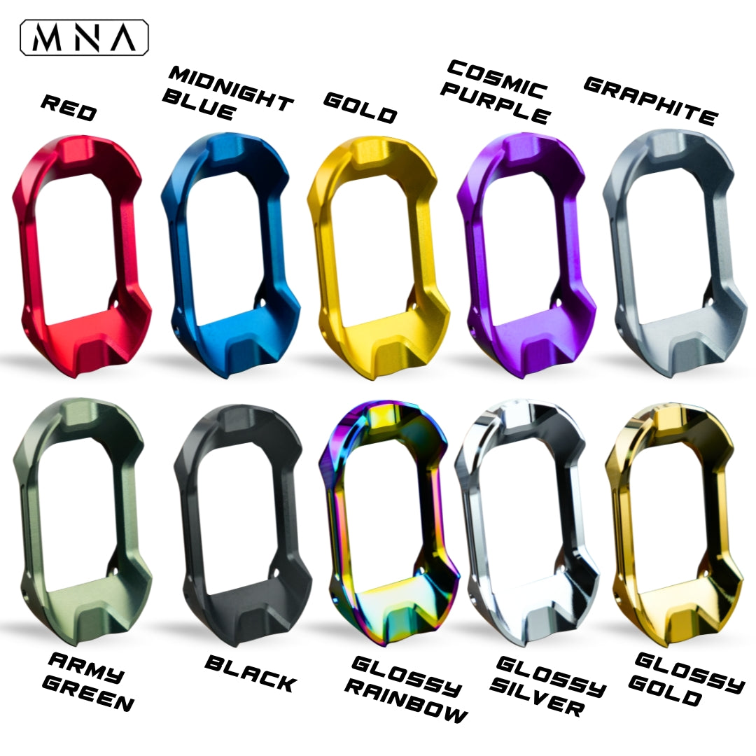 MNA Hi Capa magwell for custom upgraded tokyo marui hi capa. Custom hi capa airsoft gas blowback pistol magwell upgrade part. back side view of mna magwell for hi capa. Gold, red, blue, black, rainbow, purple.