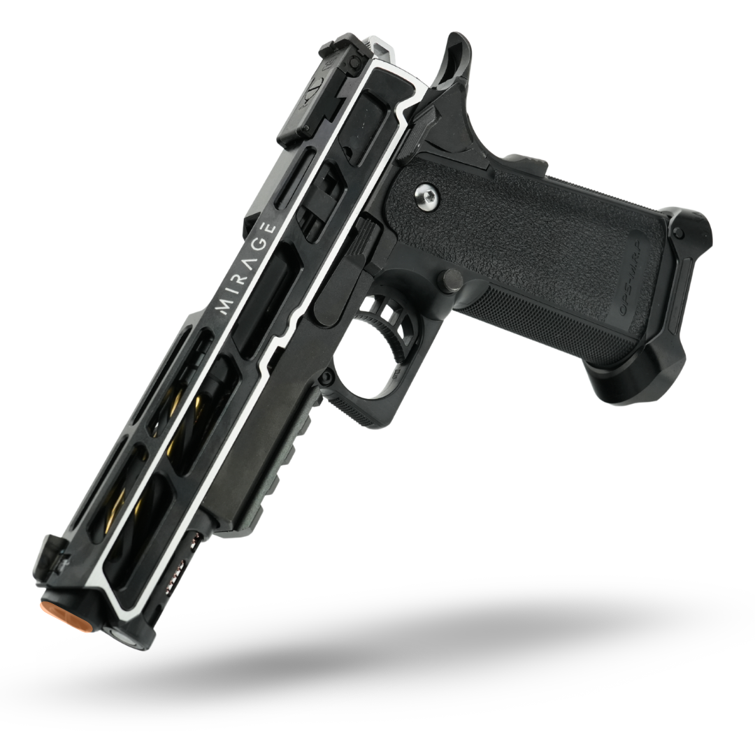 Project Genesis custom Tokyo Marui Hi-Capa 5.1 Black GBB pistol — MNA Mirage CNC aluminum two-tone slide (black/secondary), MNA Torque skeletonized outer barrel (black), MNA Hammer Pad (black), MNA CNC two-tone bottom rail, MNA CNC magwell, MNA Short Stroke Kit, MNA 140% recoil spring, NexxSpeed 180% nozzle return spring — pre-built, competition ready.