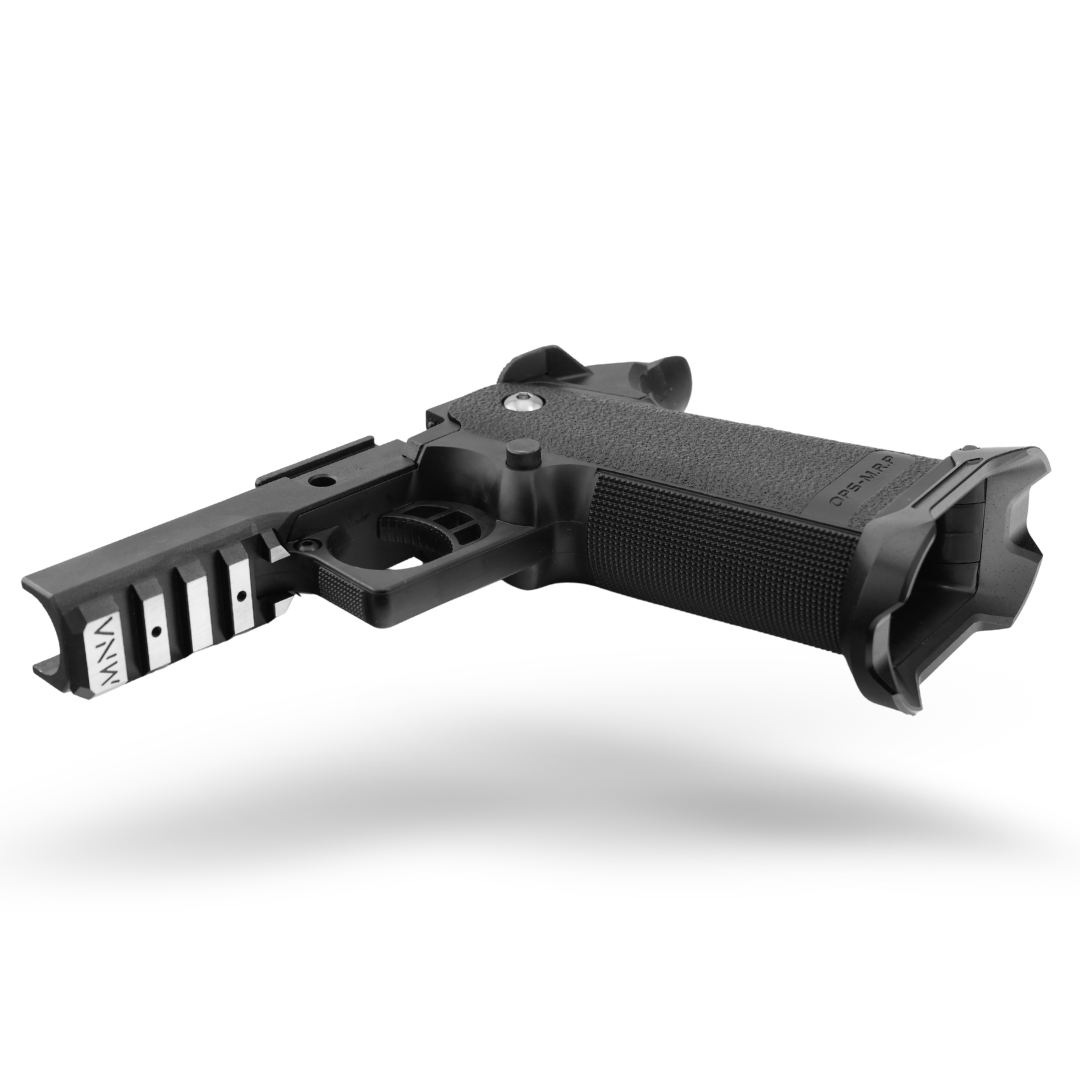 Black and silver custom Tokyo Marui Hi-Capa GBB pistol built by Minnesota Airsoft with CNC slide and competition tuning.