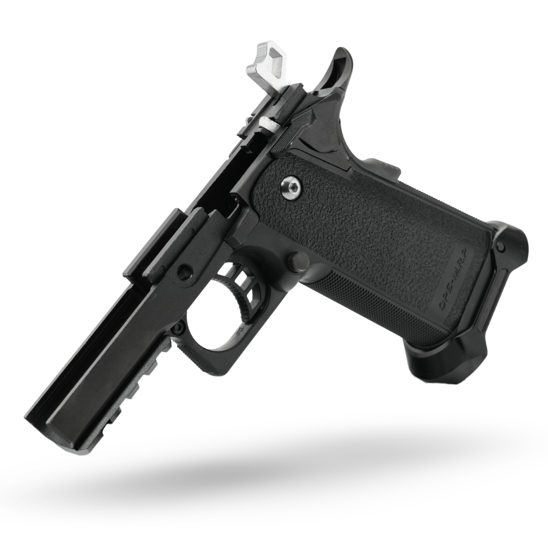 Black and silver Hi-Capa 5.1 GBB pistol from MNA featuring CNC aluminum slide, short-stroke kit, and precision recoil upgrade.