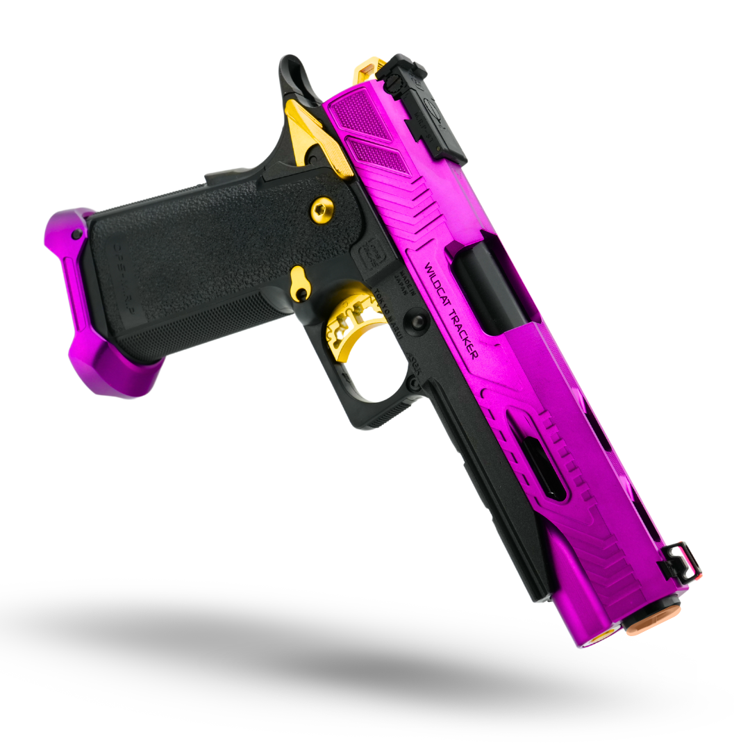 Tokyo Marui Hi-Capa 5.1 Gold Match with GSB Limcat Wildcat slide, MNA outer barrel, CNC magwell, and NexxSpeed TDC hopup – elite-level airsoft pistol build. MN Airsoft Epic Deals.