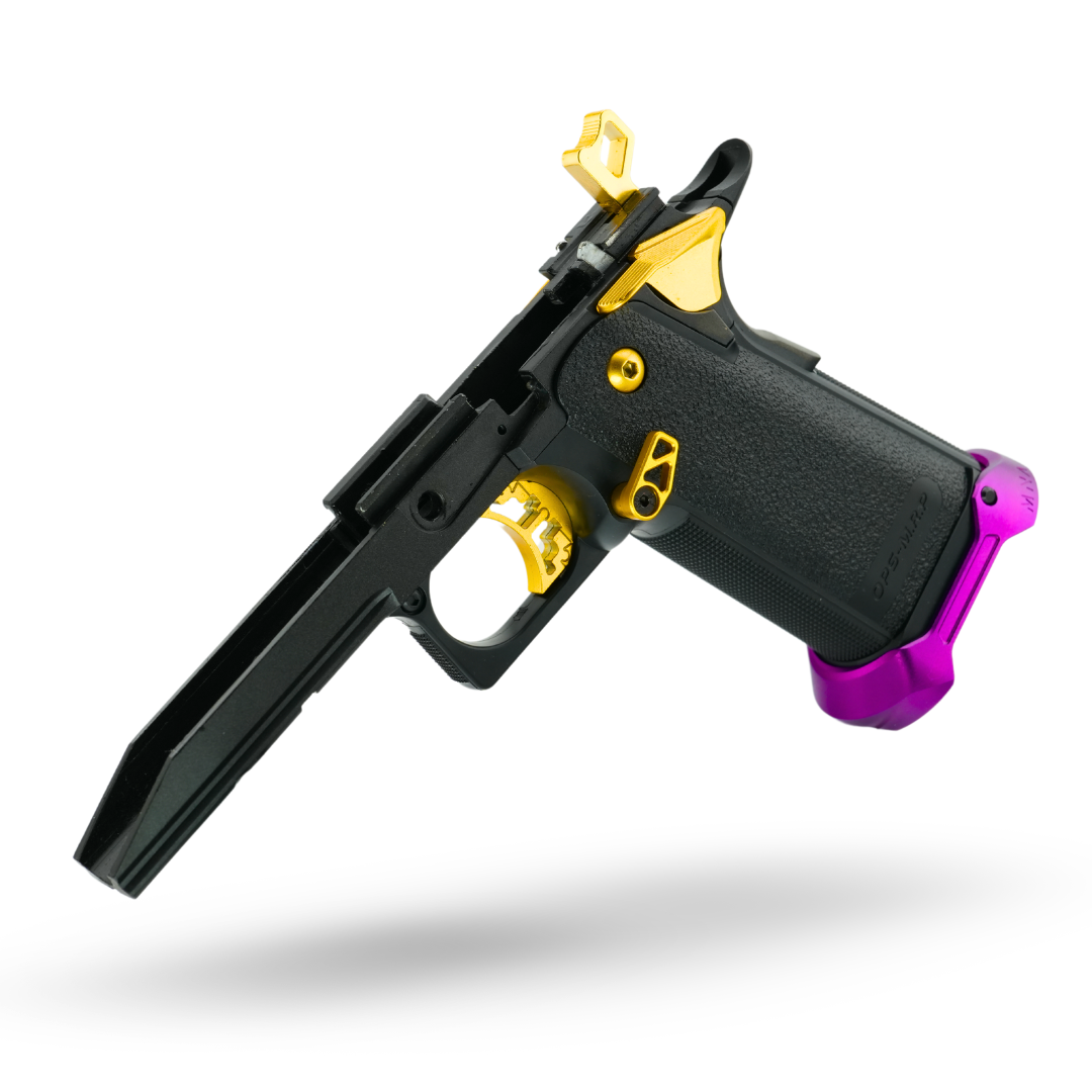 Custom Hi-Capa 5.1 Gold Match featuring MNA torque skeletonized barrel, gold mag release, cosmic purple CNC magwell, and GSB Limcat Wildcat slide. Minnesota airsoft epic deals.