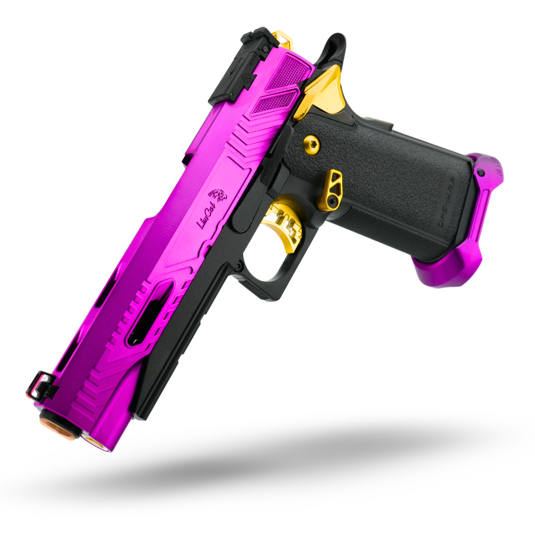 Fully upgraded Hi-Capa Gold Match with MNA short stroke kit, MNA 140% recoil spring, EDGE GSB Limcat Wildcat slide, and gold fiber optic sight for speedqb and competition. Airsoft masterpiece epic deals minnesota airsoft MNA.
