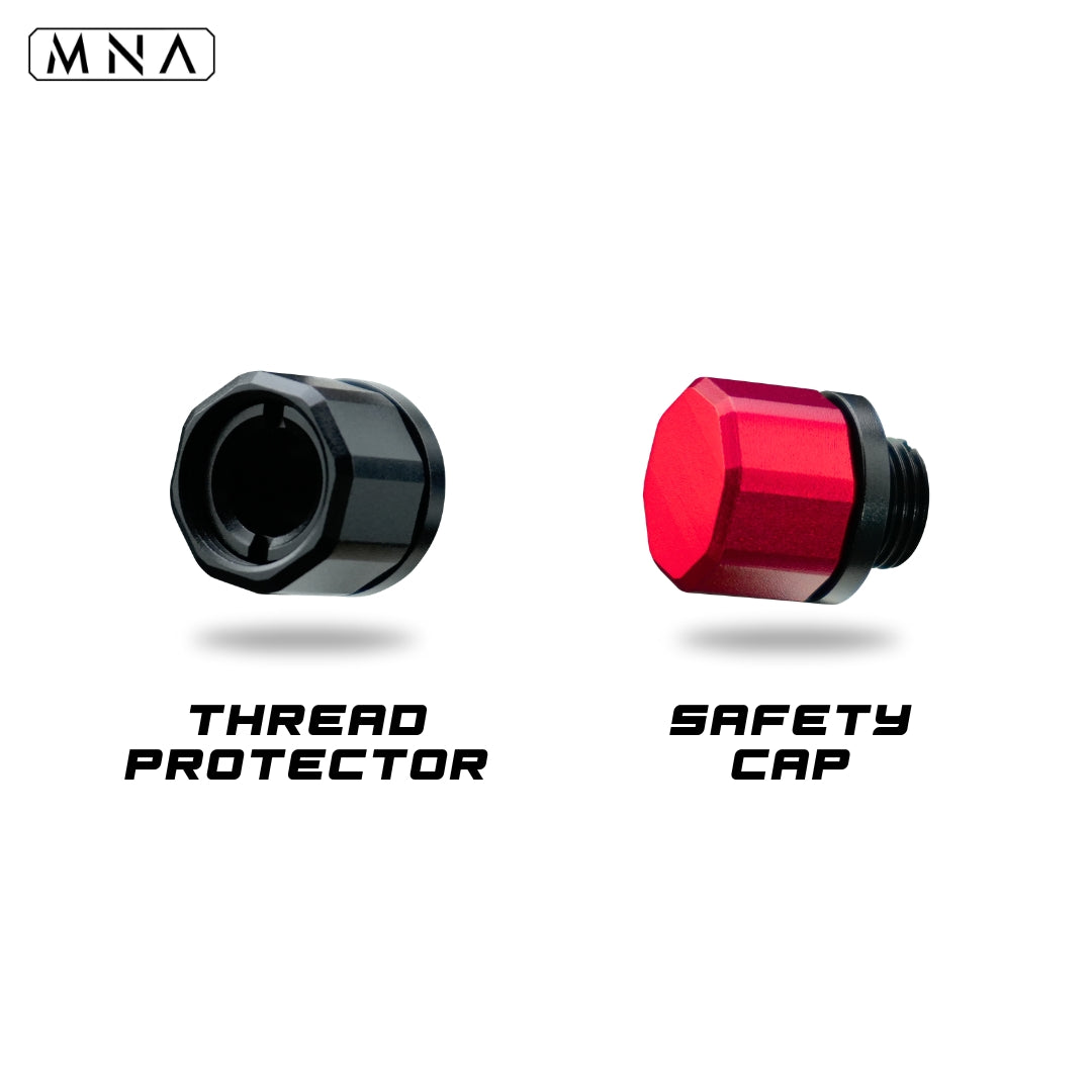 MNA Hi capa thread adapter set for tokyo marui hi capa. thread adapter for hi capa outer barrels. three pieces including thread protector and safety cap. showing installation for thread adapter set for hi capa barrel.
