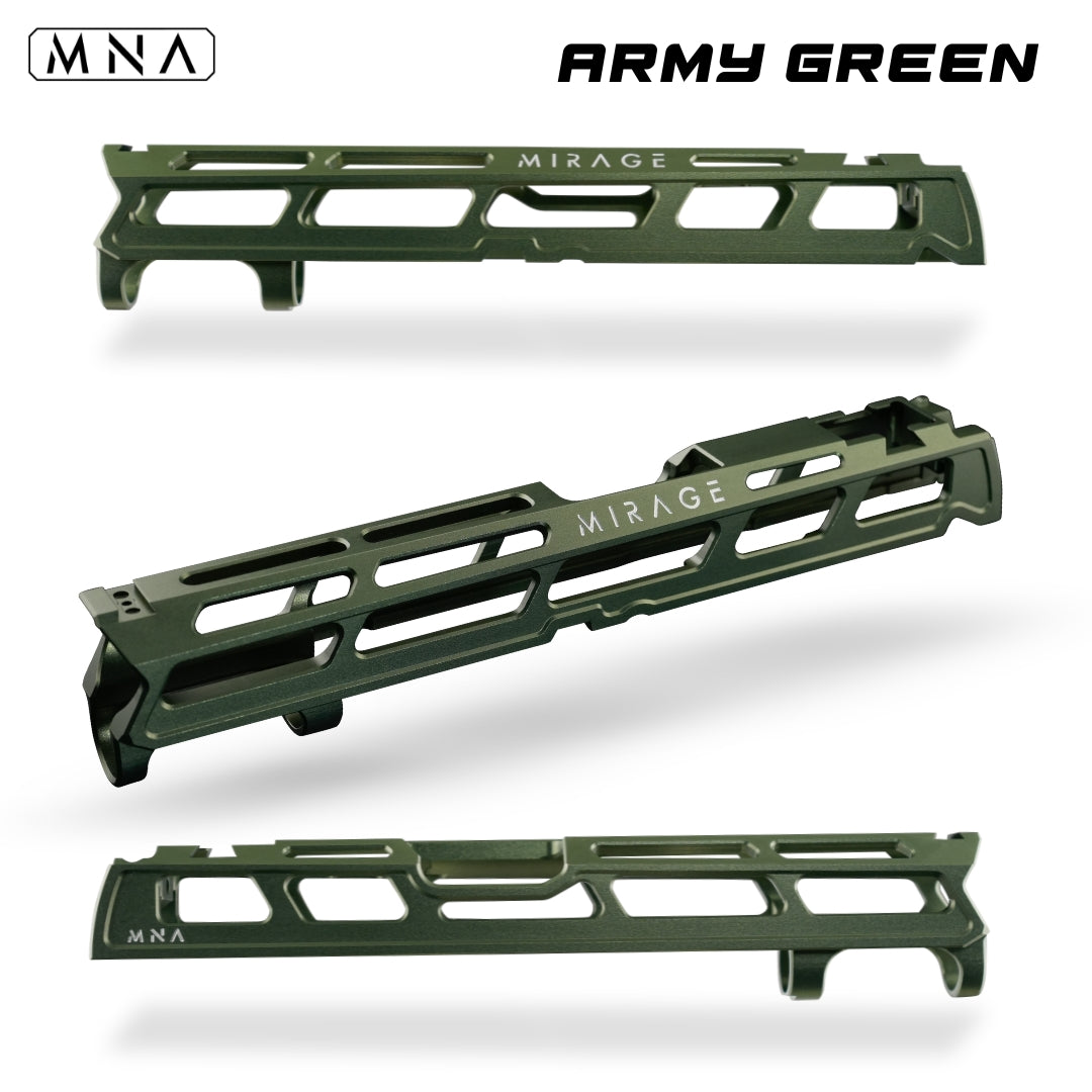 MNA Mirage CNC Aluminum Upgraded Hi Capa Slide for Tokyo Marui Hi Capa Airsoft pistols 5.1 length. Best custom upgraded slide for custom hi capa airsoft gas blowback pistols. Red, blue, gold, purple, rainbow, black and more colors. Army Green hi capa slide.