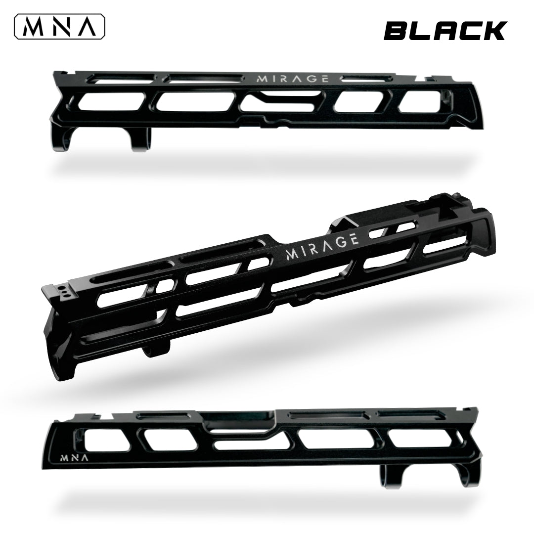 MNA Mirage CNC Aluminum Upgraded Hi Capa Slide for Tokyo Marui Hi Capa Airsoft pistols 5.1 length. Best custom upgraded slide for custom hi capa airsoft gas blowback pistols. Red, blue, gold, purple, rainbow, black and more colors. Black Hi capa slide