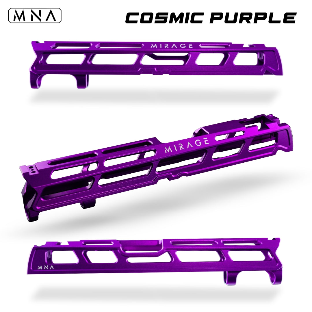 MNA Mirage CNC Aluminum Upgraded Hi Capa Slide for Tokyo Marui Hi Capa Airsoft pistols 5.1 length. Best custom upgraded slide for custom hi capa airsoft gas blowback pistols. Red, blue, gold, purple, rainbow, black and more colors. cosmic purple hi capa slide.