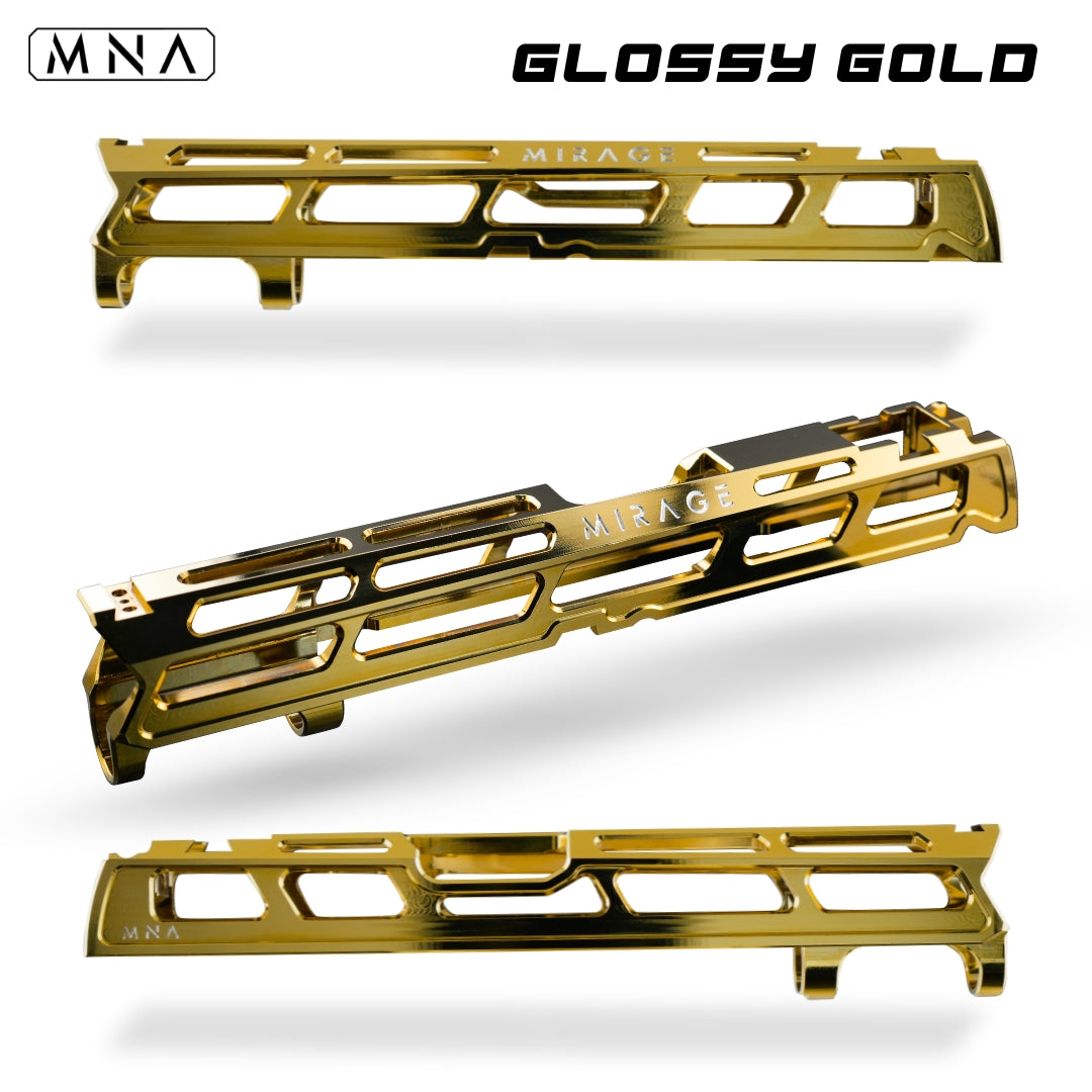 MNA Mirage CNC Aluminum Upgraded Hi Capa Slide for Tokyo Marui Hi Capa Airsoft pistols 5.1 length. Best custom upgraded slide for custom hi capa airsoft gas blowback pistols. Red, blue, gold, purple, rainbow, black and more colors. glossy gold hi capa slide.