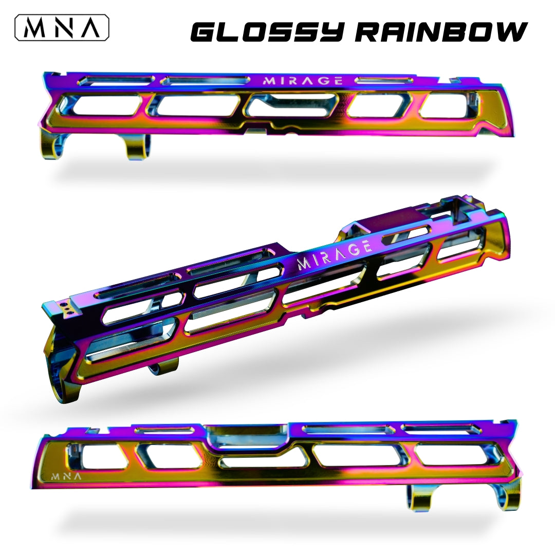 MNA Mirage CNC Aluminum Upgraded Hi Capa Slide for Tokyo Marui Hi Capa Airsoft pistols 5.1 length. Best custom upgraded slide for custom hi capa airsoft gas blowback pistols. Red, blue, gold, purple, rainbow, black and more colors. glossy shiny rainbow hi capa slide.