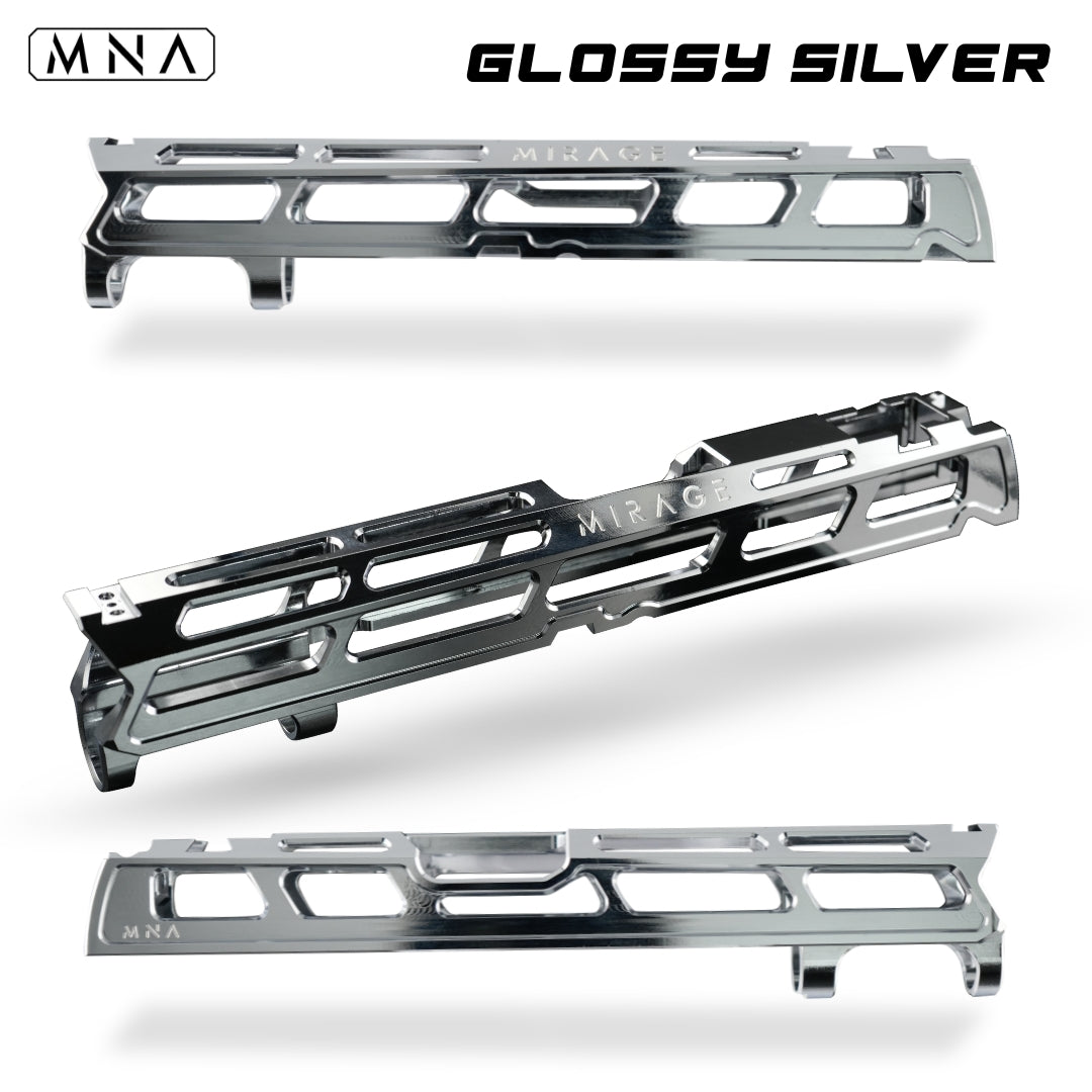 MNA Mirage CNC Aluminum Upgraded Hi Capa Slide for Tokyo Marui Hi Capa Airsoft pistols 5.1 length. Best custom upgraded slide for custom hi capa airsoft gas blowback pistols. Red, blue, gold, purple, rainbow, black and more colors. chrome glossy silver hi capa slide.