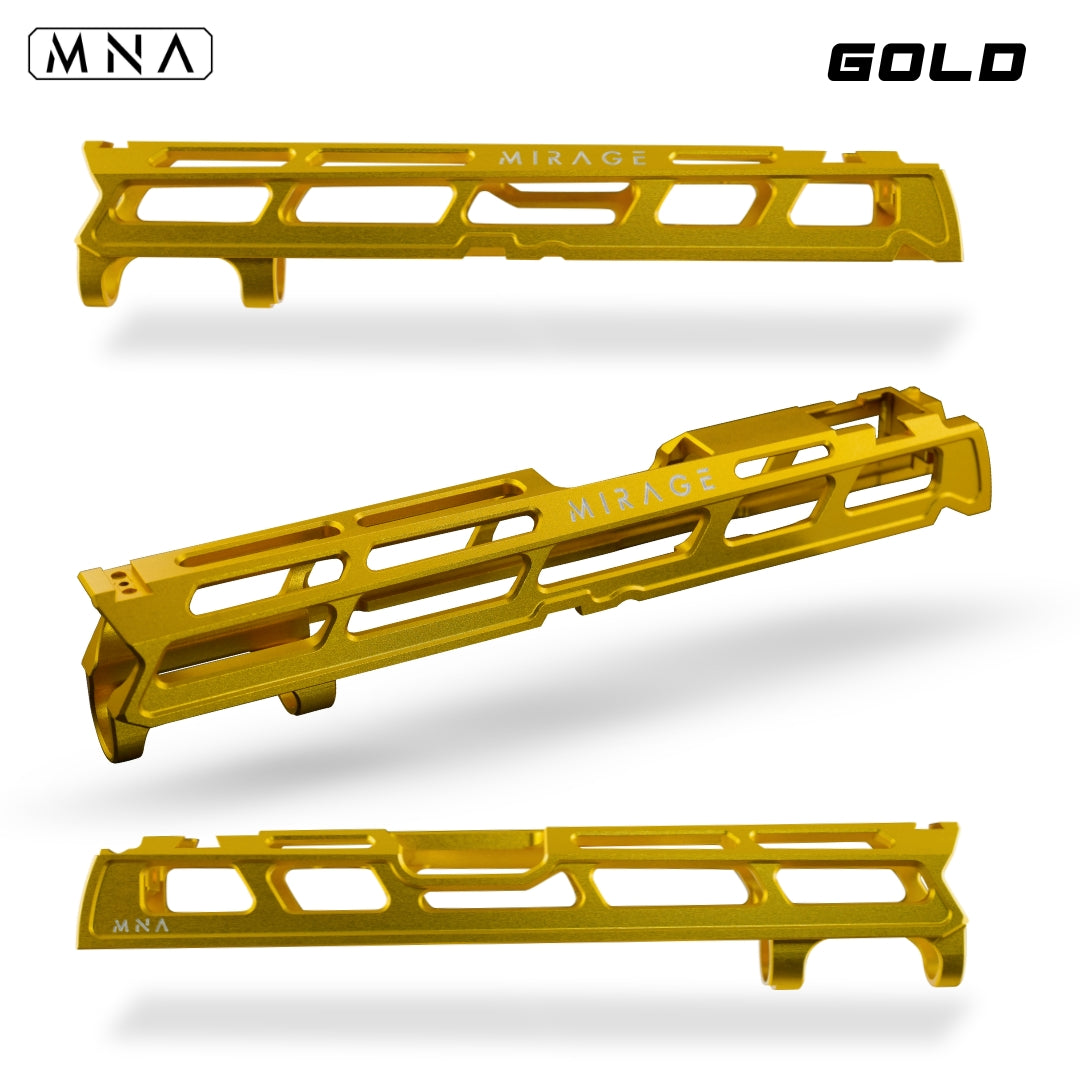 MNA Mirage CNC Aluminum Upgraded Hi Capa Slide for Tokyo Marui Hi Capa Airsoft pistols 5.1 length. Best custom upgraded slide for custom hi capa airsoft gas blowback pistols. Red, blue, gold, purple, rainbow, black and more colors. gold hi capa slide