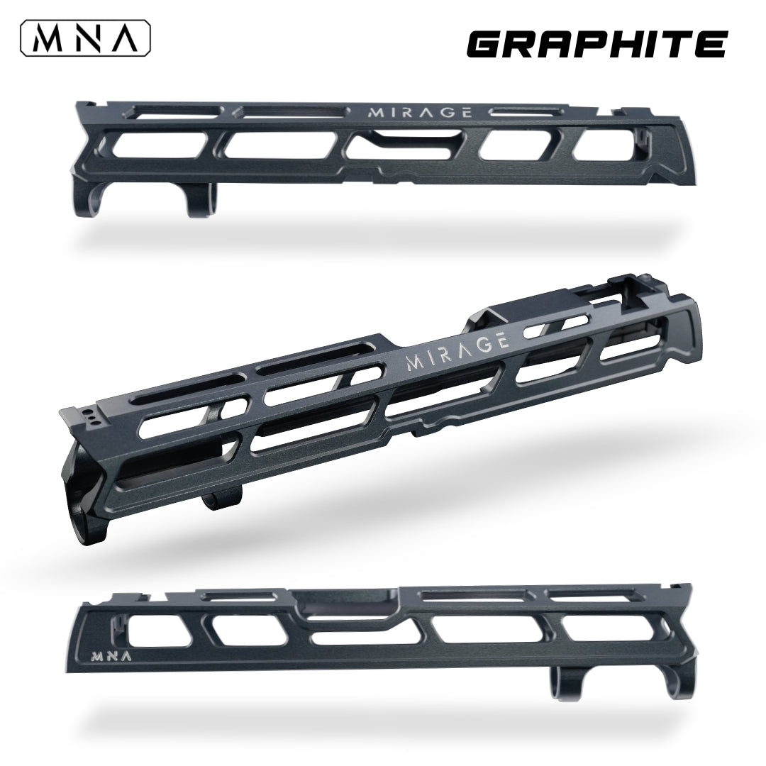 MNA Mirage CNC Aluminum Upgraded Hi Capa Slide for Tokyo Marui Hi Capa Airsoft pistols 5.1 length. Best custom upgraded slide for custom hi capa airsoft gas blowback pistols. Red, blue, gold, purple, rainbow, black and more colors. Graphite Grey Hi Capa Slide.