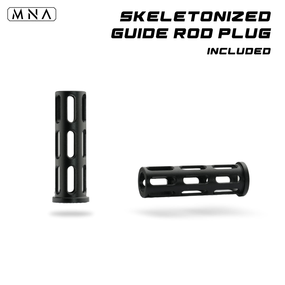 MNA Mirage CNC Aluminum Upgraded Hi Capa Slide for Tokyo Marui Hi Capa Airsoft pistols 5.1 length. Best custom upgraded slide for custom hi capa airsoft gas blowback pistols. Red, blue, gold, purple, rainbow, black and more colors. 5.1 black skeletonized guide rod plug for hi capa.