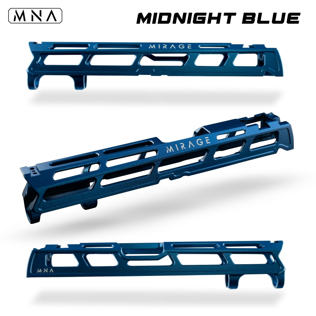 MNA Mirage CNC Aluminum Upgraded Hi Capa Slide for Tokyo Marui Hi Capa Airsoft pistols 5.1 length. Best custom upgraded slide for custom hi capa airsoft gas blowback pistols. Red, blue, gold, purple, rainbow, black and more colors. midnight blue hi capa slide.