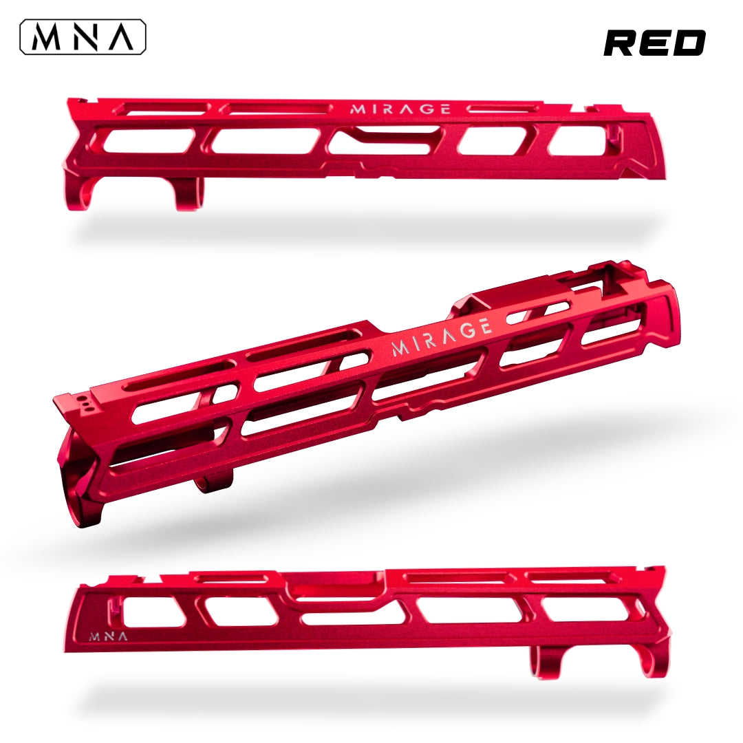 MNA Mirage CNC Aluminum Upgraded Hi Capa Slide for Tokyo Marui Hi Capa Airsoft pistols 5.1 length. Best custom upgraded slide for custom hi capa airsoft gas blowback pistols. Red, blue, gold, purple, rainbow, black and more colors. Red hi capa slide.