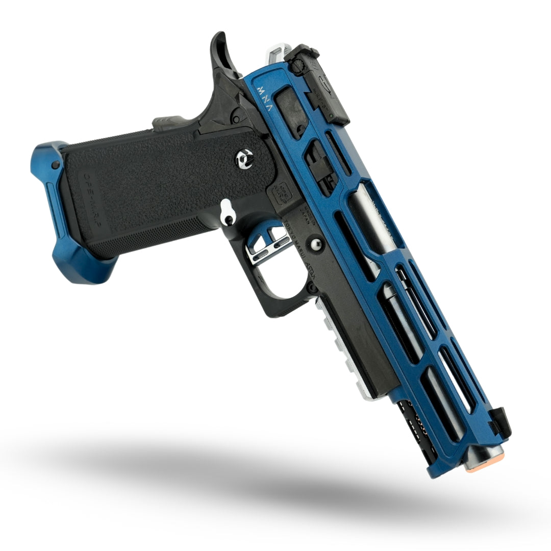 MNA project poseidon custom tokyo marui hi capa airsoft pistol. Gas blowback custom pistol for airsoft players with blue and silver and black colors. Custom hi capa 5.1 build with upgraded slide, outer barrel, hop up, inner barrel, trigger, magwell and more. Ejection port side