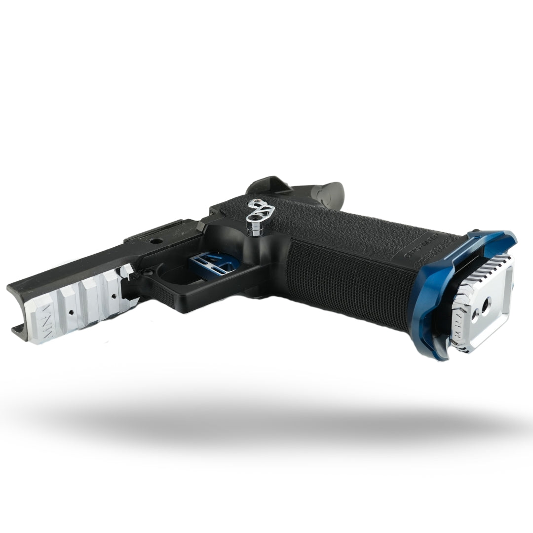 MNA project poseidon custom tokyo marui hi capa airsoft pistol. Gas blowback custom pistol for airsoft players with blue and silver and black colors. Custom hi capa 5.1 build with upgraded slide, outer barrel, hop up, inner barrel, trigger, magwell and more. showing custom grip and magazine base plate in chrome.