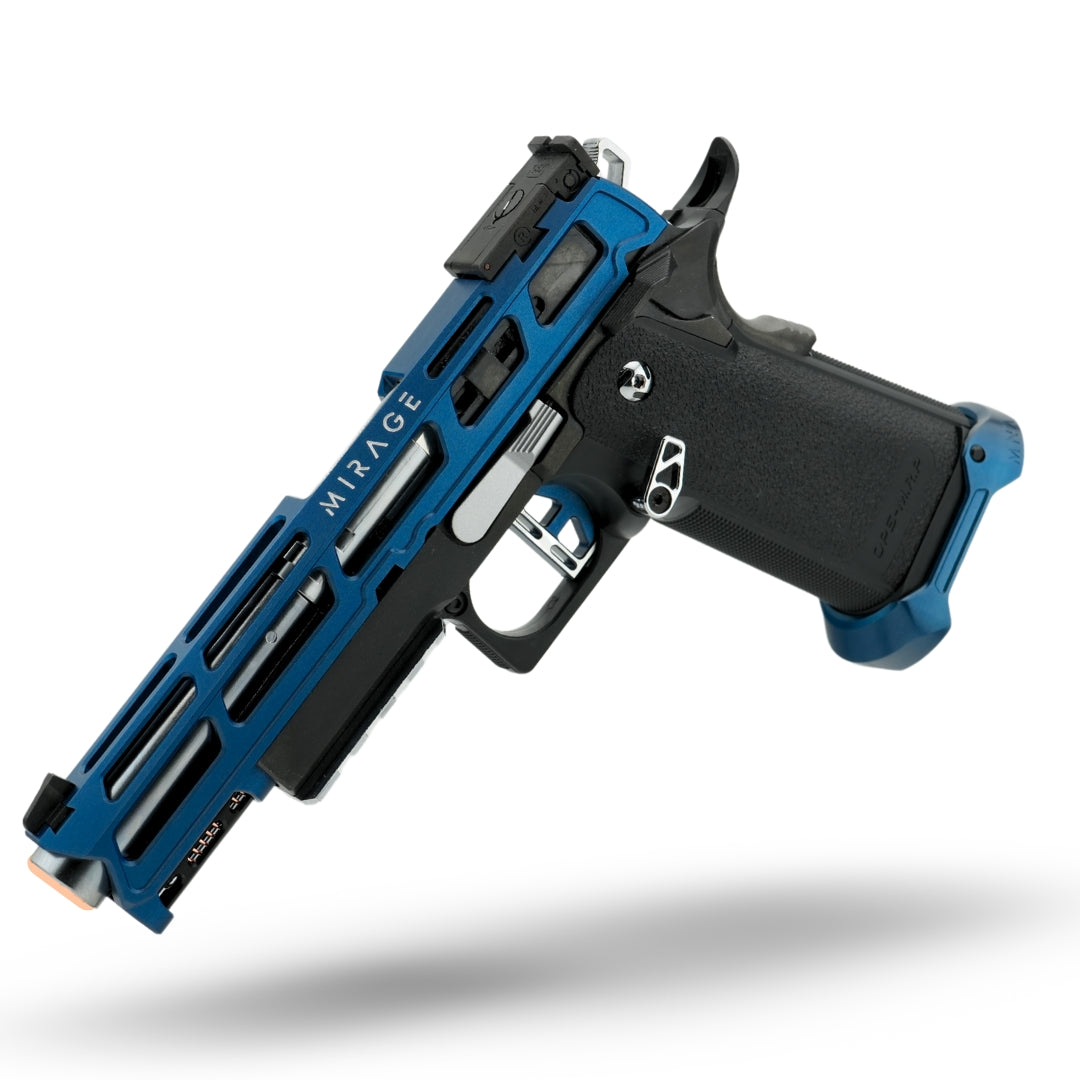 MNA project poseidon custom tokyo marui hi capa airsoft pistol. Gas blowback custom pistol for airsoft players with blue and silver and black colors. Custom hi capa 5.1 build with upgraded slide, outer barrel, hop up, inner barrel, trigger, magwell and more.