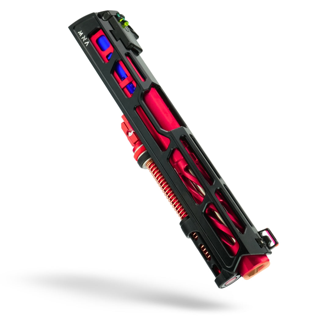 Black and red custom airsoft hi capa pistol slide assembly with red and black coloring, featuring a fiber optic front sight, and various upgraded custom tokyo marui components.