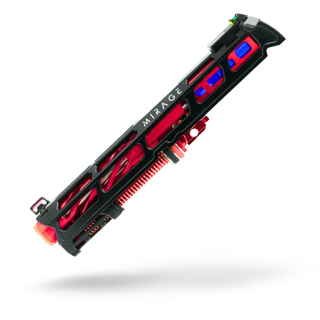 Black and red custom airsoft hi capa pistol slide assembly with red and black coloring, featuring a fiber optic front sight, and various upgraded custom tokyo marui components. Red outer barrel with spiral skeletonization.