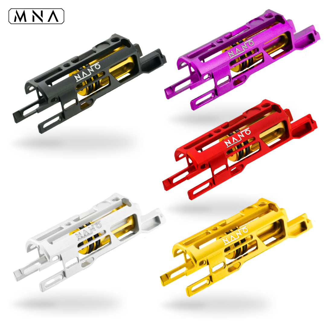 Tokyo Marui MNA Nano™ Upgraded Hyper-Light Skeletonized Blowback Unit BBU for Hi Capa gas airsoft pistols. Best upgraded custom Blowback Housing that is HPA ready for Speedqb airsoft hicapa builds.
