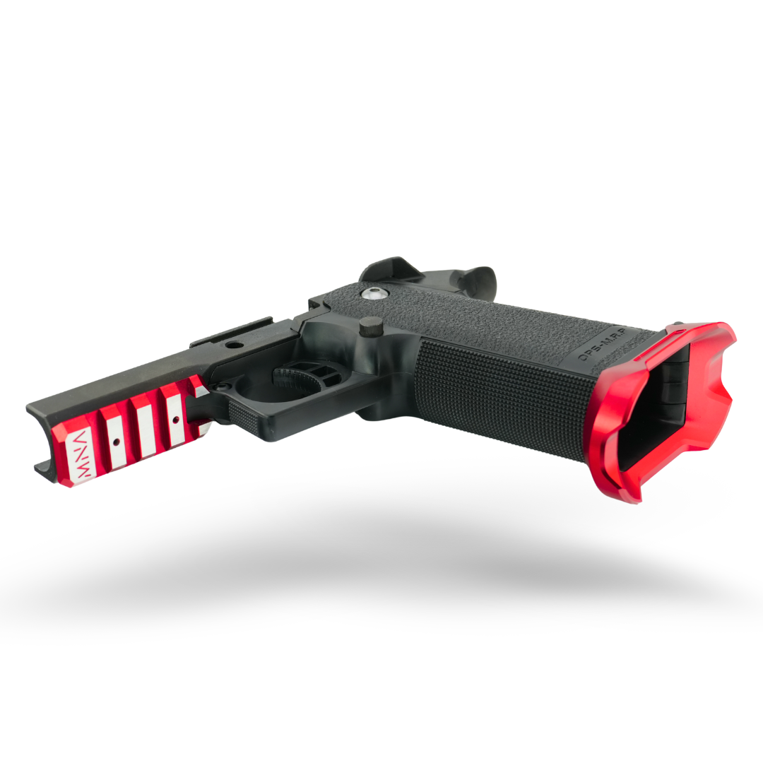Red two-tone Hi-Capa gas pistol by MNA with CNC slide, short-stroke kit, and upgraded nozzle return spring for speedsoft.