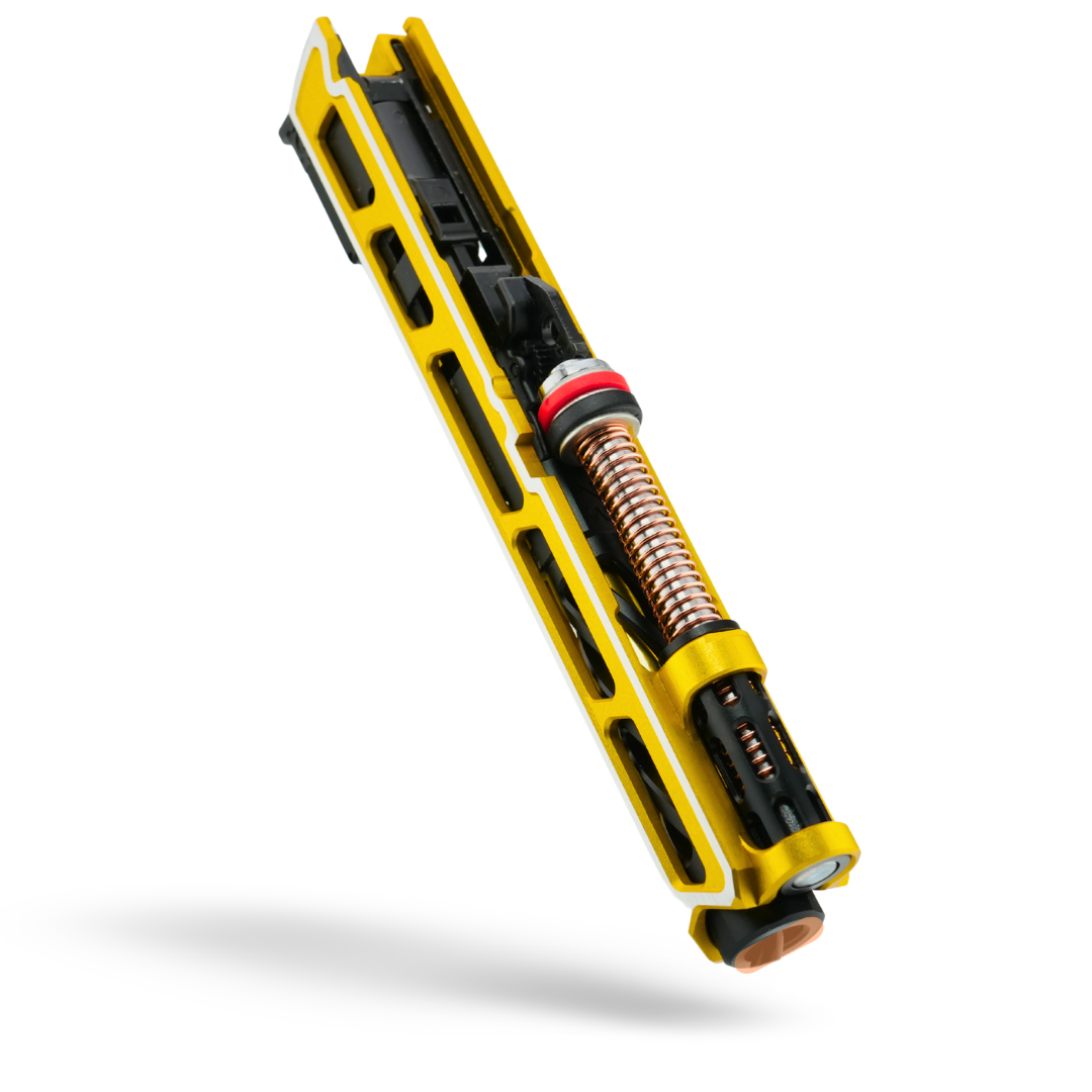 silver and gold Hi-Capa 5.1 GBB pistol from MNA featuring CNC aluminum slide, short-stroke kit, and precision recoil upgrade.