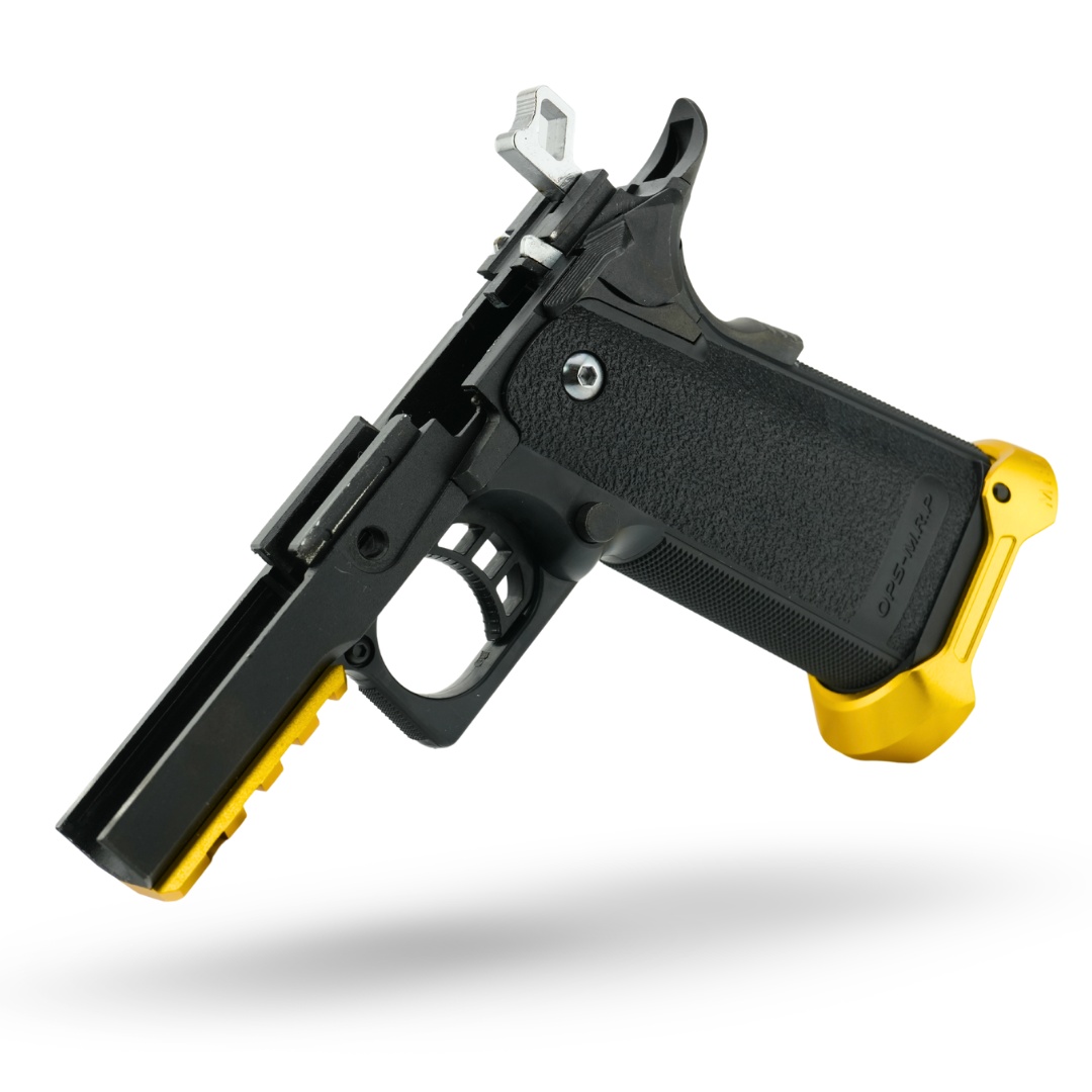 MNA Tokyo Marui Hi-Capa 5.1 custom pistol in black and gold two-tone with CNC magwell and tuned recoil spring system.