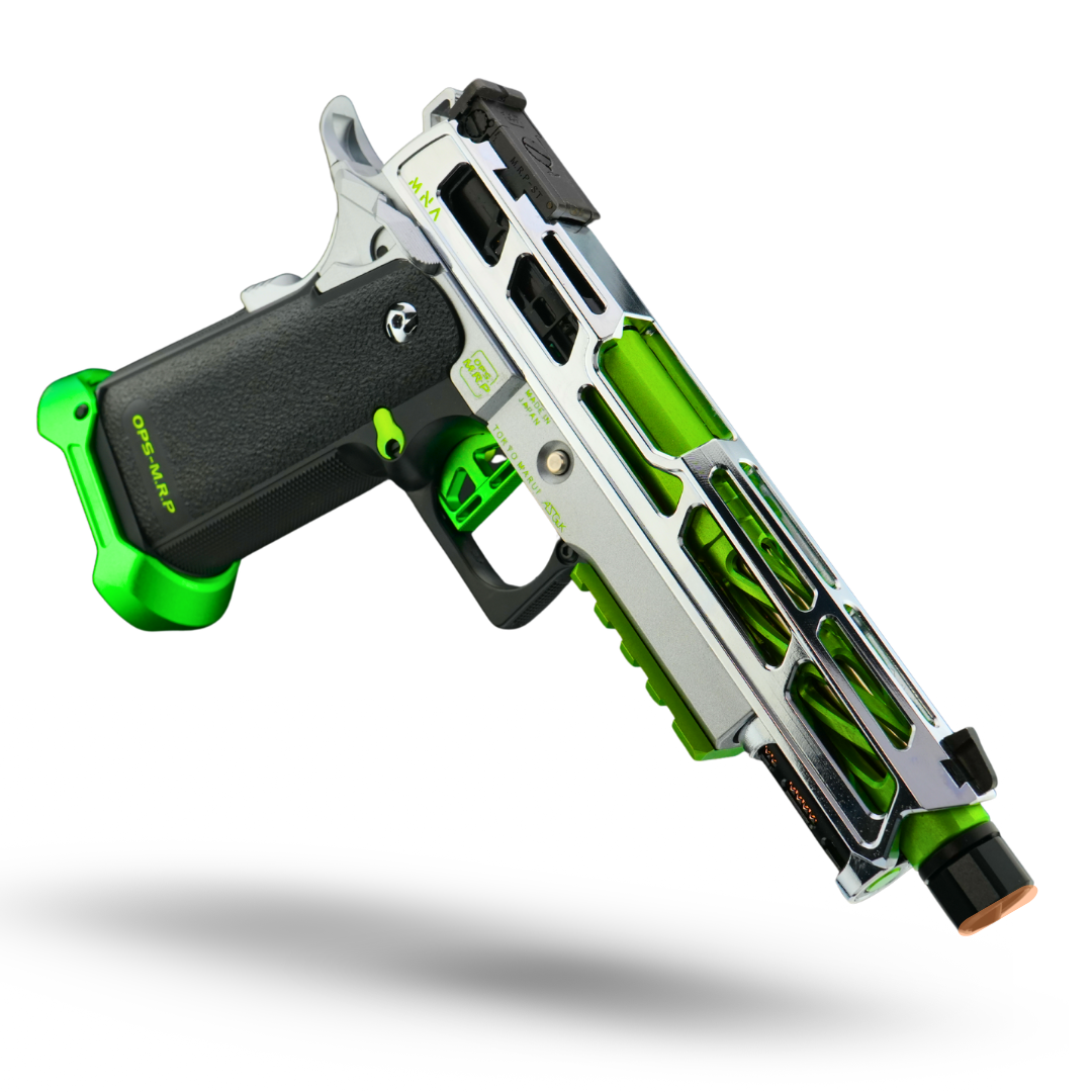 minnesota airsoft custom hicapa airsoft pistol MNA project Hydra neon green and silver custom build. 2026 new red and silver hi capa for tokyo marui upgrades. grip view of the lower.