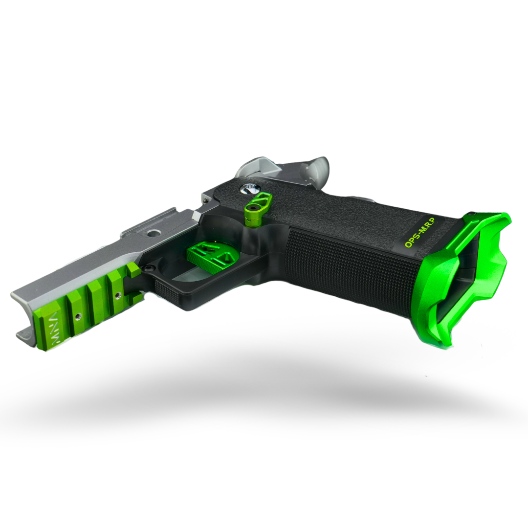 minnesota airsoft custom hicapa airsoft pistol MNA project Hydra neon green and silver custom build. 2026 new red and silver hi capa for tokyo marui upgrades. lower grip assembly