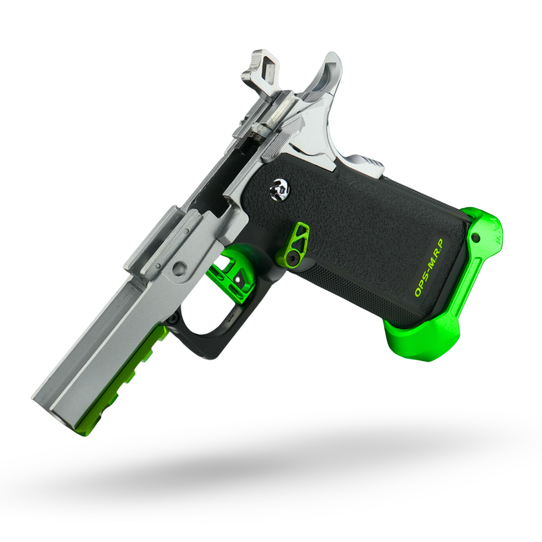 minnesota airsoft custom hicapa airsoft pistol MNA project Hydra neon green and silver custom build. 2026 new red and silver hi capa for tokyo marui upgrades. grip with silver frame.