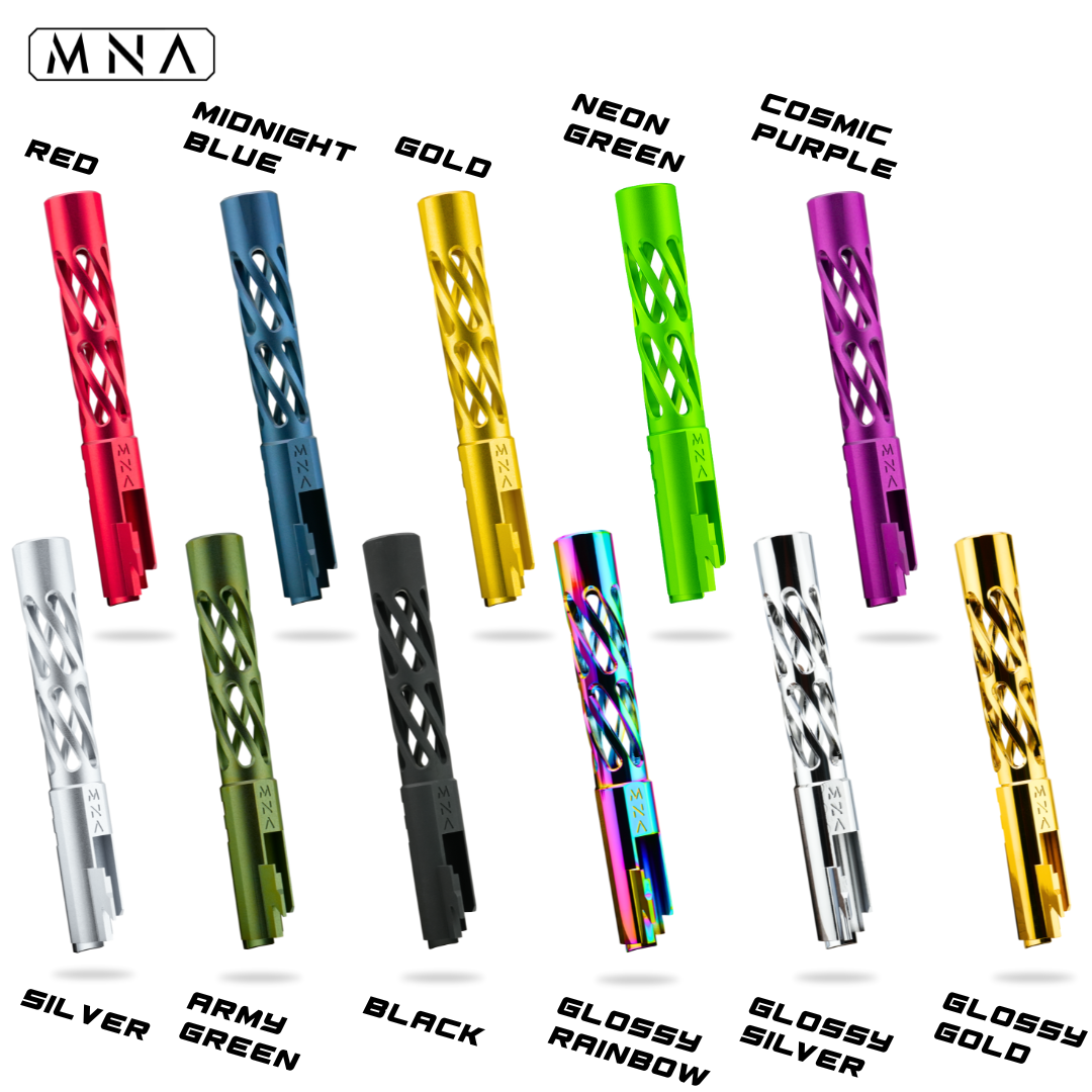 MNA airsoft Hi Capa torque spiral fluted skeletonized outer barrel for tokyo marui custom upgraded hi capa. Minnesota Airsoft bottom view barrel.