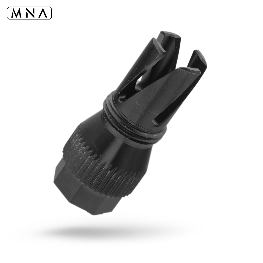 Warp minnesota airsoft steel 14mm CCW negative airsoft gun flash hider for Illusion quick detach mock carbon fiber suppressor.