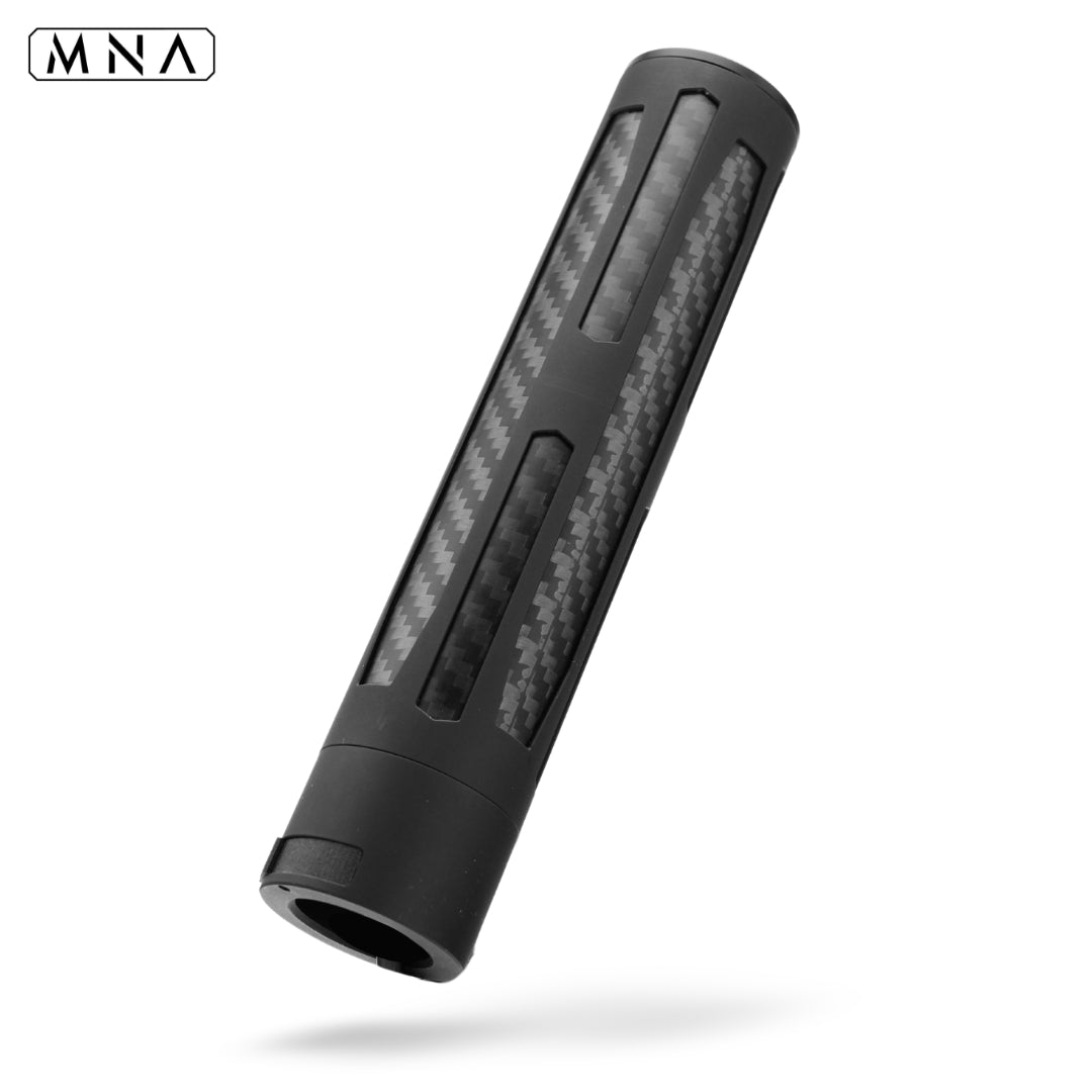 MNA illusion carbon fiber airsoft suppressor with quick detach QD system. Aluminum QD mock suppressor for airsoft guns from minnesota airsoft.